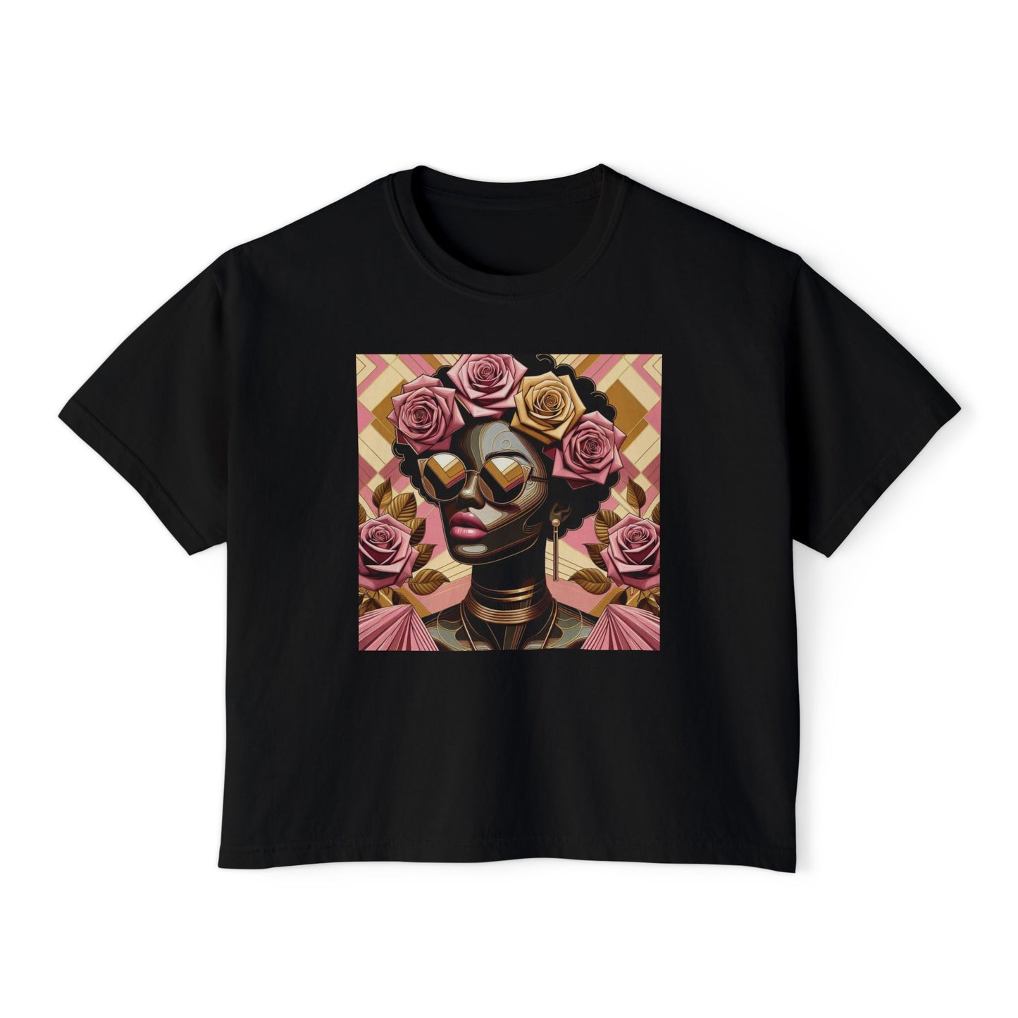 Chic Floral Graphic Women's Boxy Tee, Casual T-Shirt, Summer Fashion, Gift for Her, Everyday Wear - Pink Roses Lady