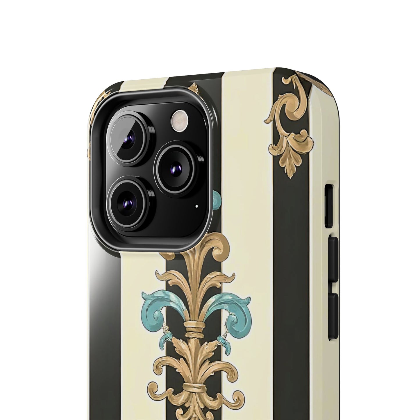 Elegant Vintage Tough Phone Cases, Stylish Phone Accessories, Quality Protection, Gifts for Her - Black Striped Turquoise & Black Rococo