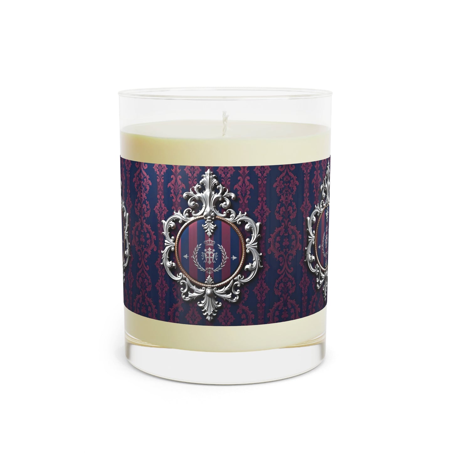 Elegant Scented Candle - Luxurious Home Decor, Aromatherapy Gift, Housewarming Present, Decorative Candle - Blue & Plum Striped Silver Crest