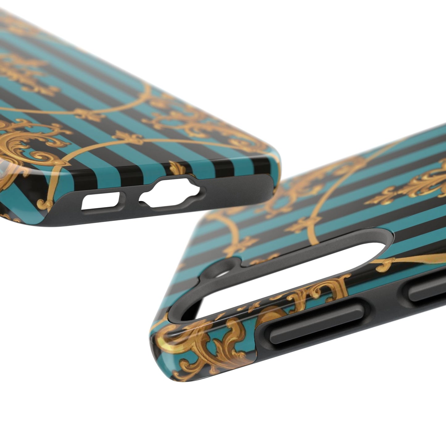 Elegant Turquoise & Black Striped Gold Baroque Phone Case, Tough Phone Cases for Fashion Lovers, Gift for Her, Luxury Accessories