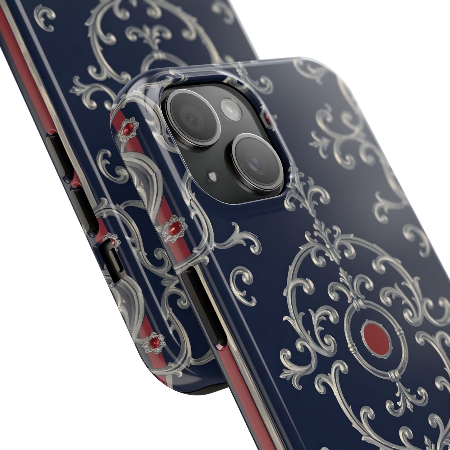 Elegant Patterned Tough Phone Cases for Stylish Protection, Gift for Her, Unique Accessories - Blue & Red Striped Silver Baroque