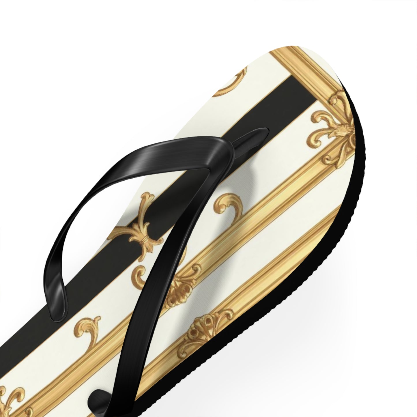 Chic Flip Flops with Elegant Design, Summer Sandals, Perfect Beach Footwear, Vacation Footwear - Black & White Striped Gold Baroque