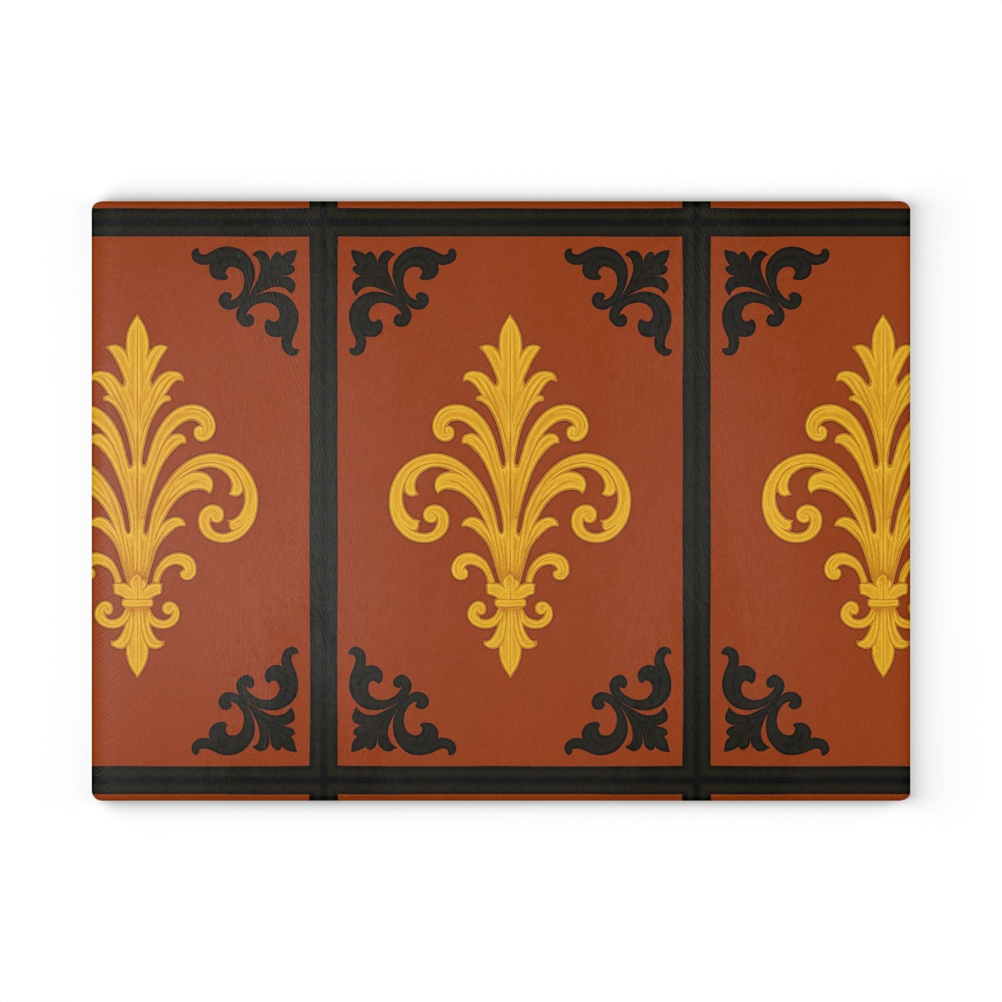 Dusk Terracotta Baroque Glass Cutting Board with Ornate Gold Baroque Design — Decorative Kitchen Serving Board
