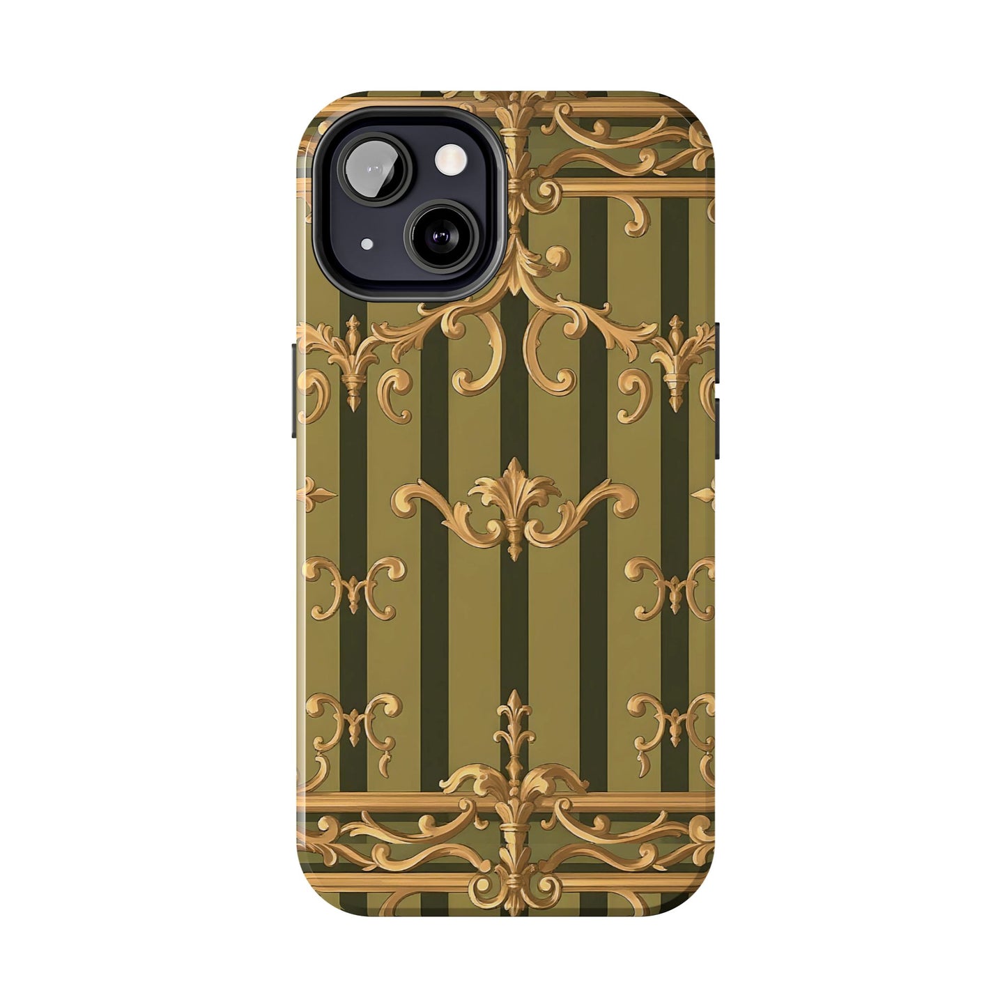 Elegant Vintage Phone Case - Tough Protection with Classy Design, Stylish Phone Cover for Fashion Lovers - Olive Green Striped Rococo