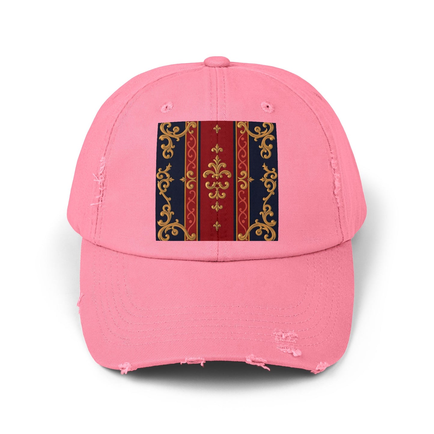 Vintage-Inspired Distressed Cap, Stylish Hat, Perfect Gift for Friends, Fashion Accessory, Unisex Headwear - Midnight Blue & Dusk Red Gold Baroque