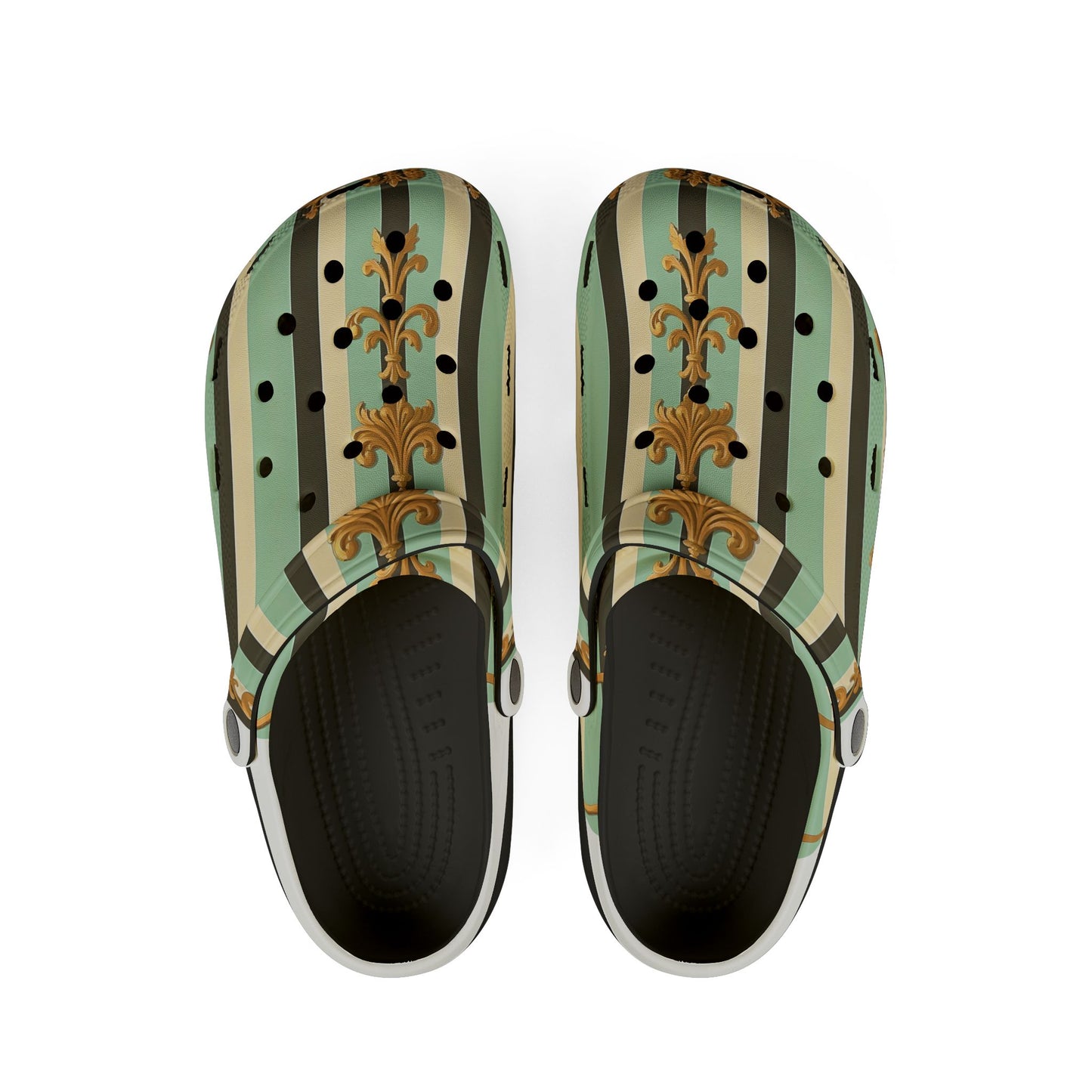 Stylish EVA Foam Rubber Shoes - Unique Printed Clogs for Comfort, Summer Footwear, Garden Use - Black & Matte Mint Striped Rococo