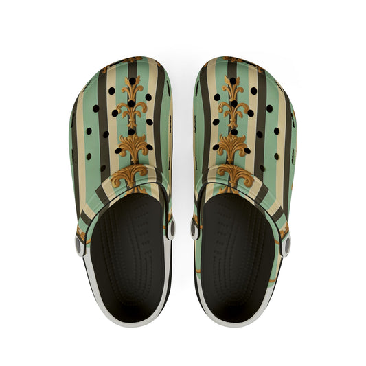 Stylish EVA Foam Rubber Shoes - Unique Printed Clogs for Comfort, Summer Footwear, Garden Use - Black & Matte Mint Striped Rococo