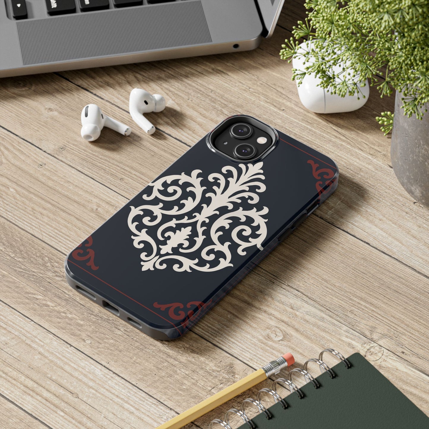 Dusk Blue-Maroon & White Baroque Tough Phone Case — Vintage Scroll Design