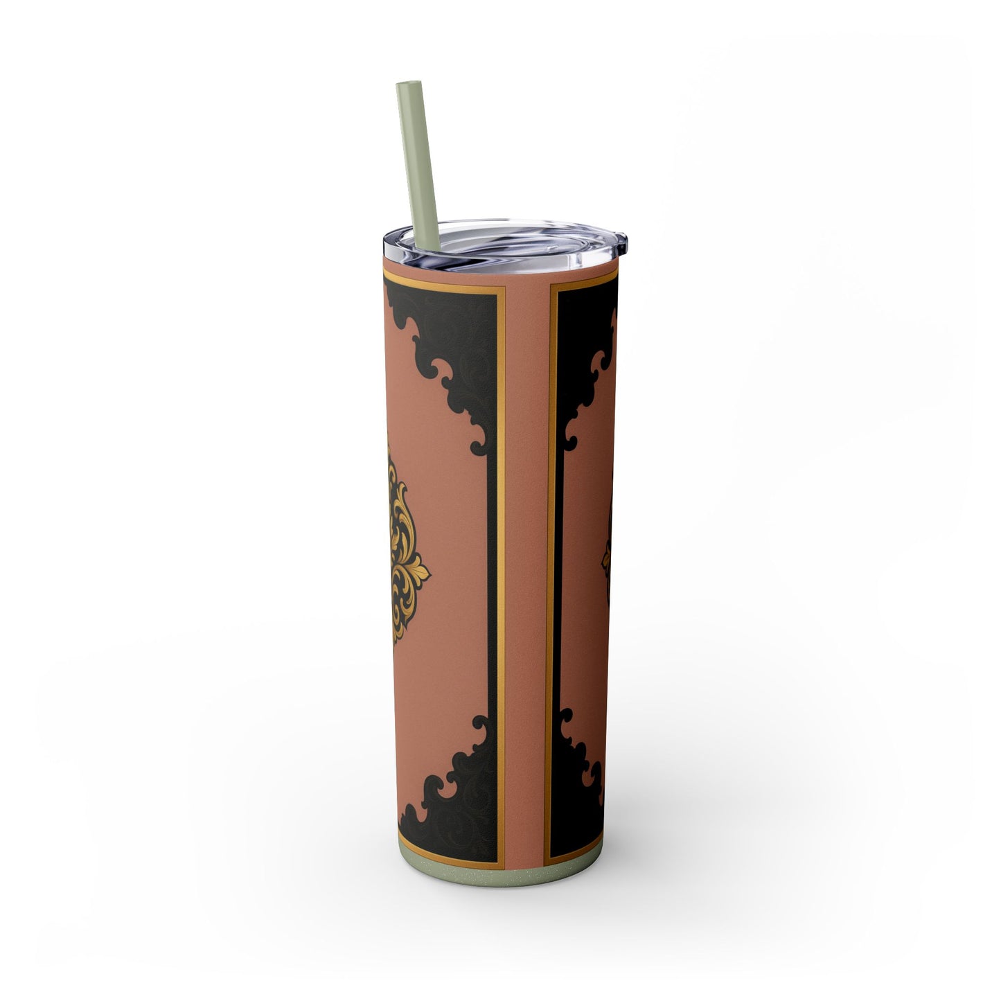 20oz Skinny Tumbler with Straw — Vintage Mauve & Black-Gold Baroque Design