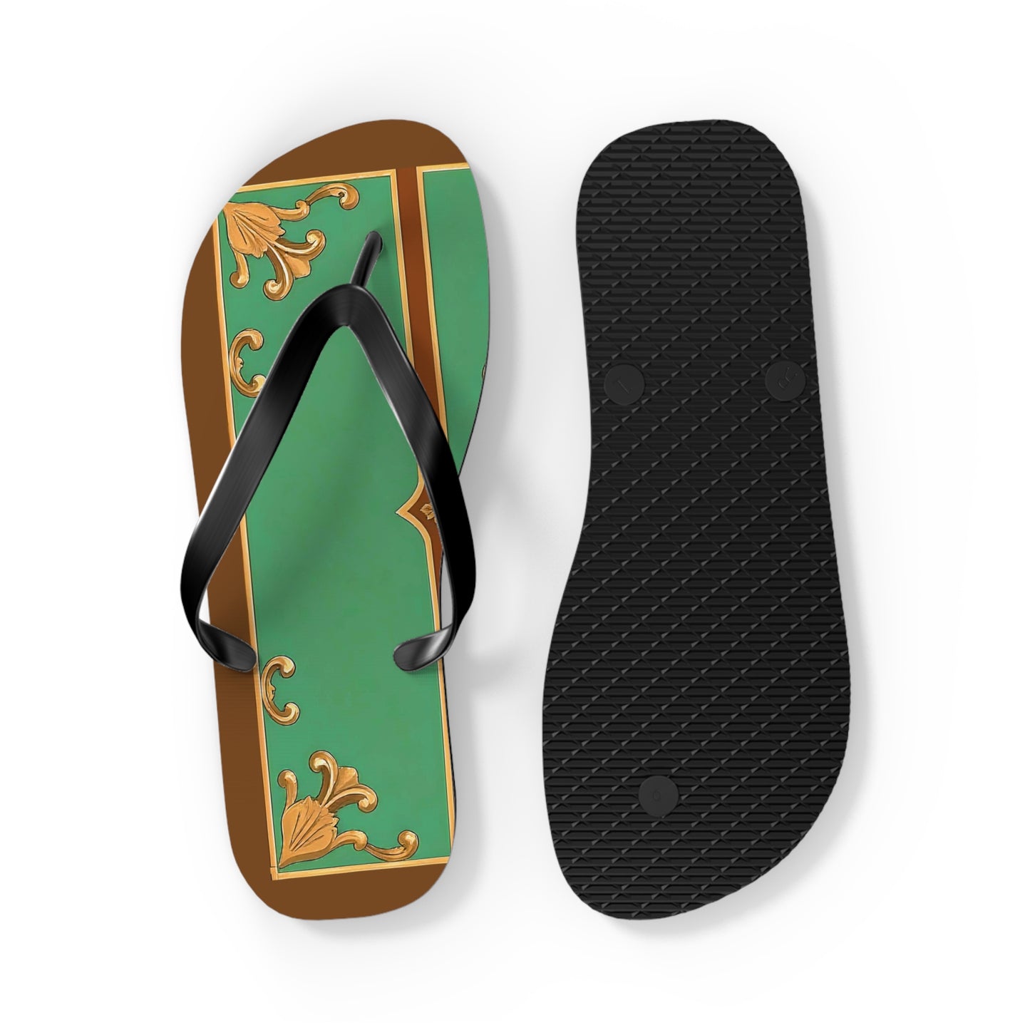 Elegant Floral Flip Flops for Summer Getaways - Rust & Green Striped Baroque