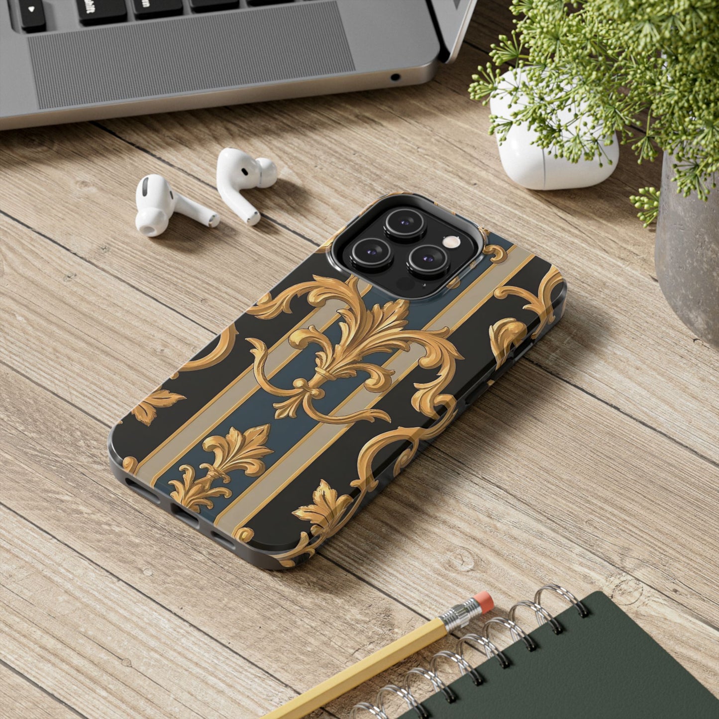 Elegant Rococo Phone Cases, Tough iPhone Case, Floral Design Case, Luxury Phone Cover - Blue & Black Striped Rococo