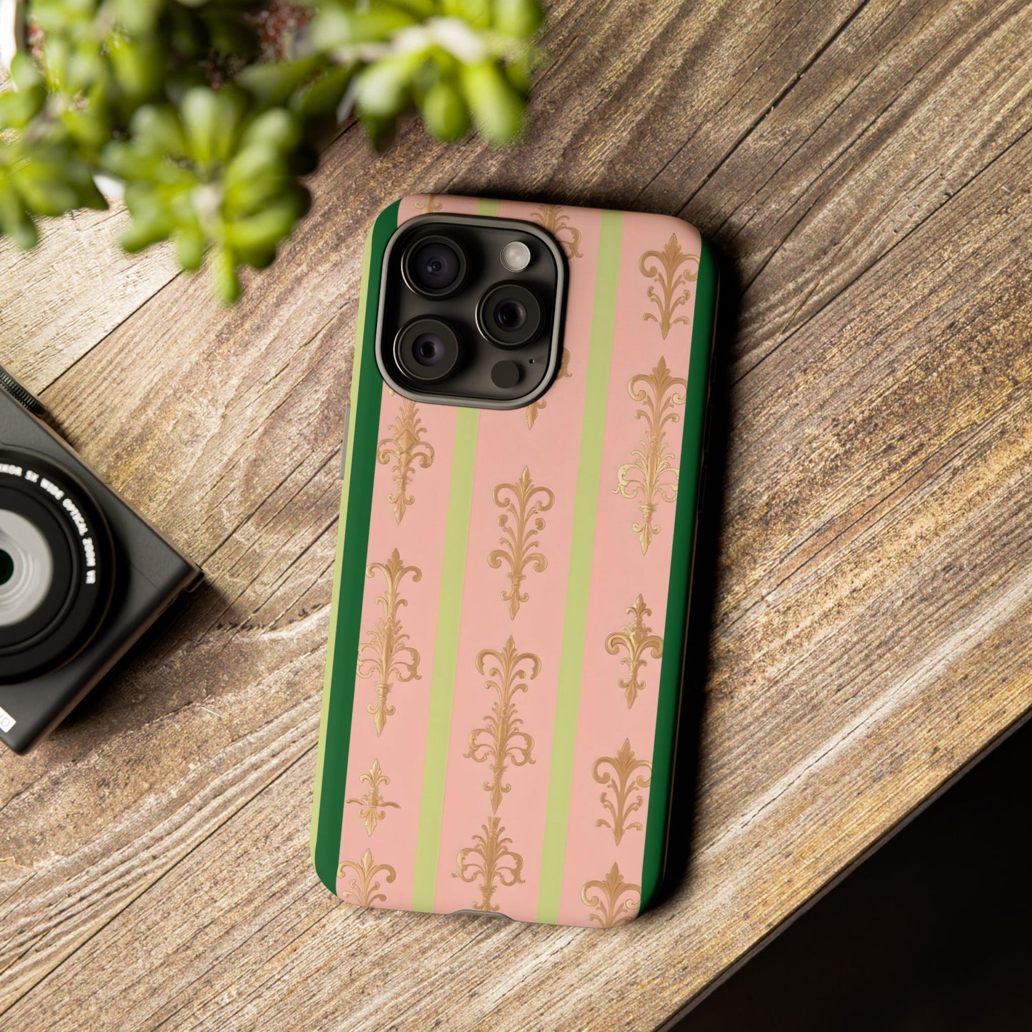 Elegant Floral Motif Phone Case - Tough Cases with Vintage Design - Lime Green & Pink Striped Damask