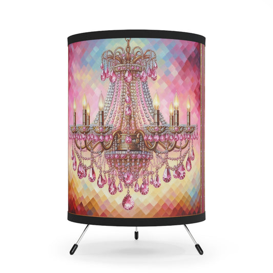 Chic Tripod Lamp with Elegant Chandelier Print, Glam Home Decor, Unique Lighting, Stylish Accent, Bedroom or Living Room - Pink Jeweled Chandelier