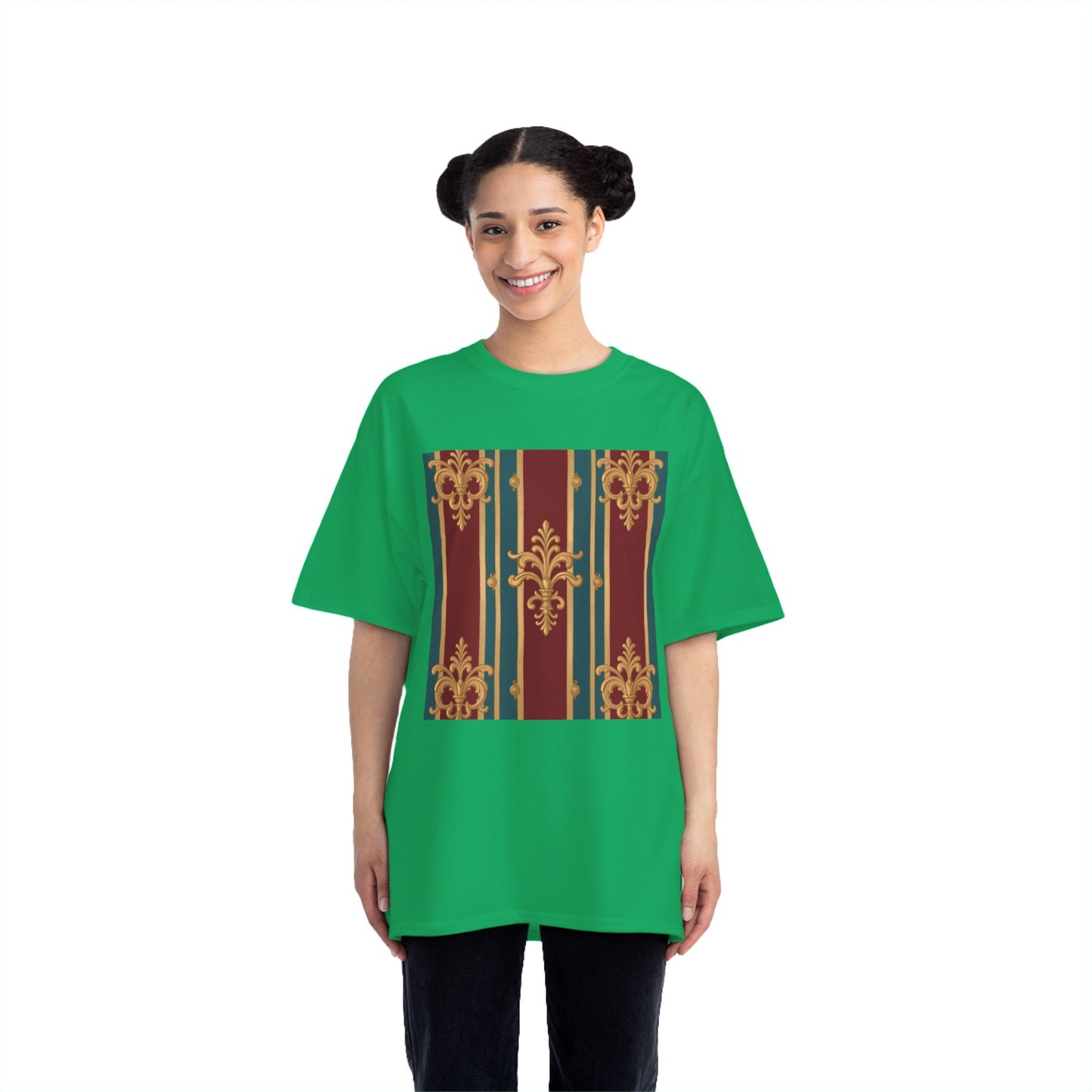Elegant Vintage Patterned Beefy-T® Short-Sleeve T-Shirt | Casual Wear, Summer Tops, Unique Gift - Burgundy Striped Gold Baroque
