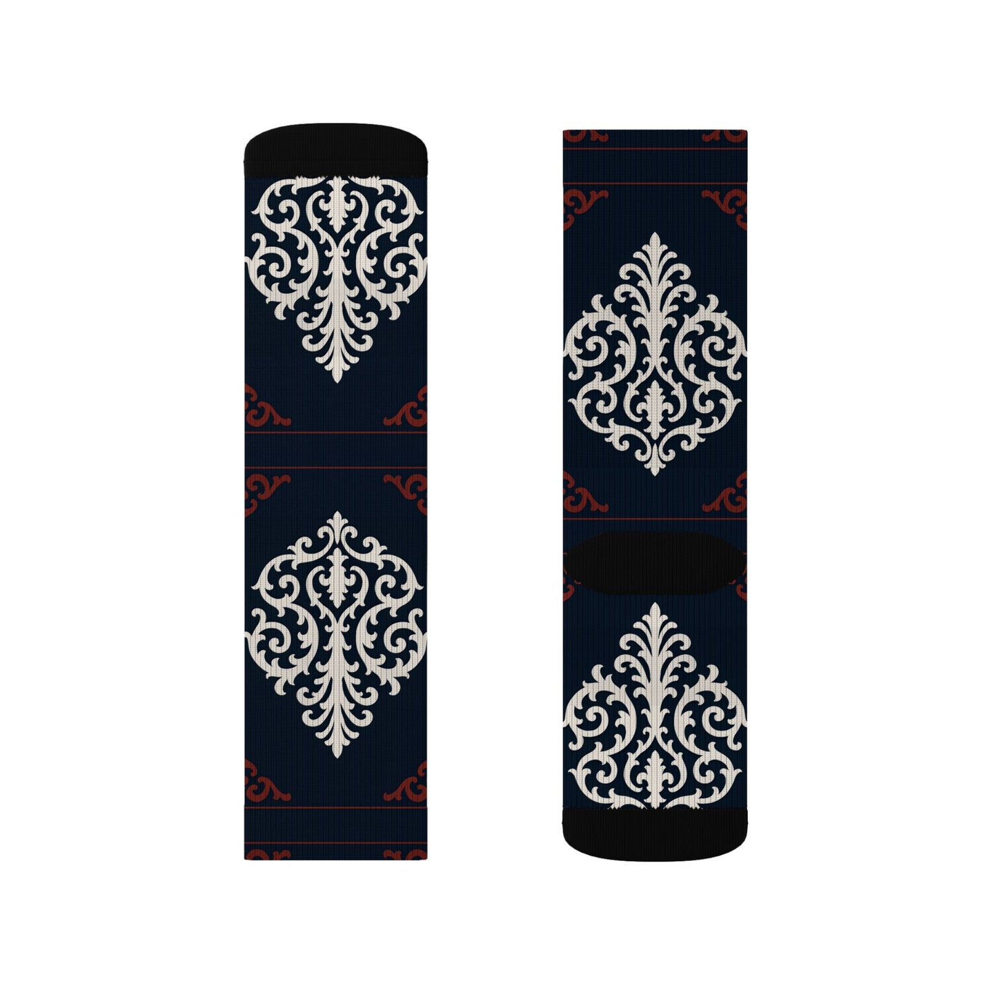 Dusk Blue-Maroon & White Baroque Pattern Sublimation Socks — Dusk Blue & White Ornate Crew Socks