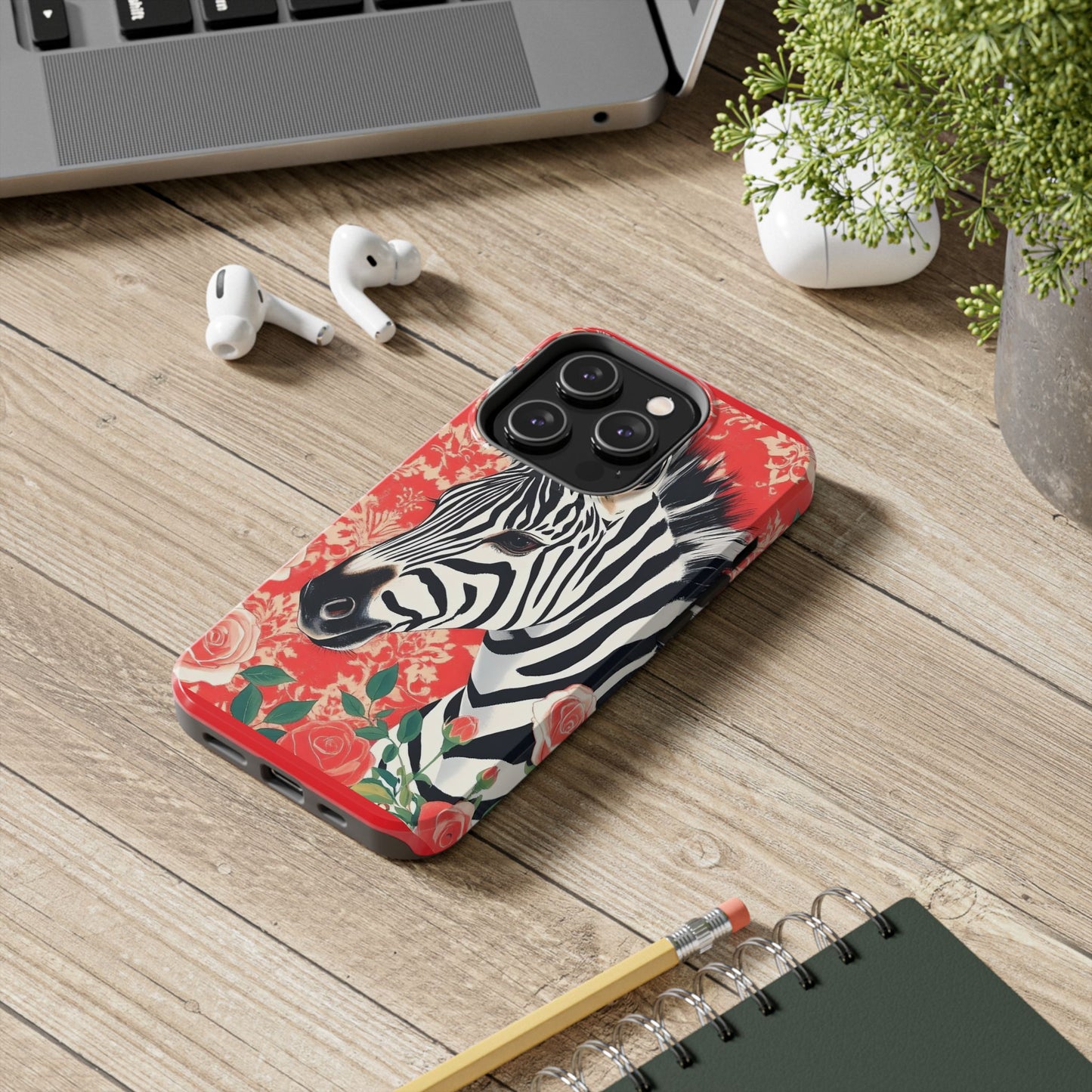 Zebra Tough Phone Case - Trendy Floral Design for Animal Lovers - Zebra With Coral Roses & Damask