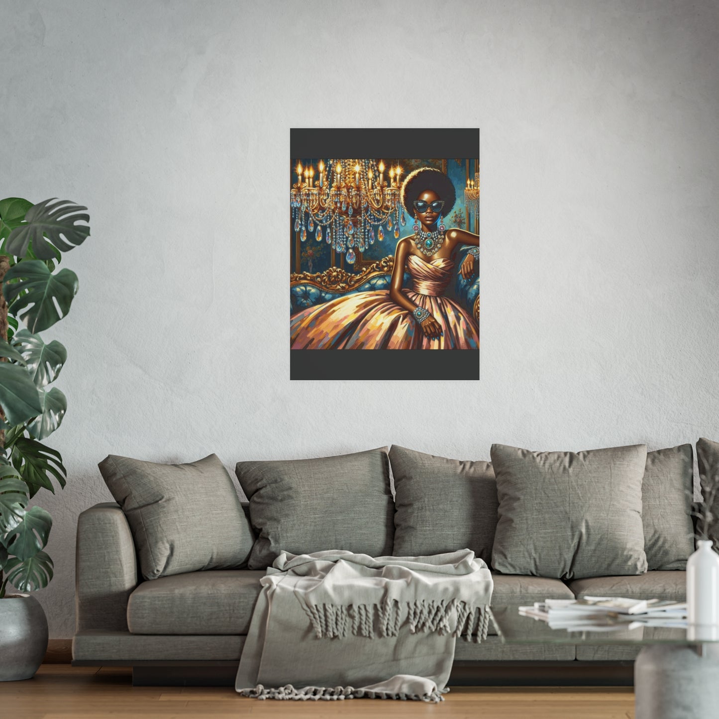 Elegant Glamour Satin Poster, Wall Art Decor, Modern Home Gallery, Gift for Art Lovers, Chic Interior Decoration - Elegant Lady & Chandelier