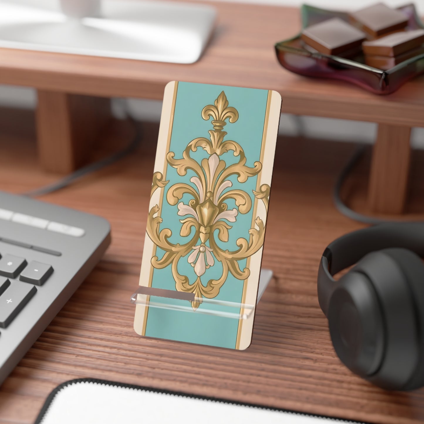 Elegant Floral Smartphone Display Stand - Matte Turquoise Striped Damask - Decorative Mobile Holder