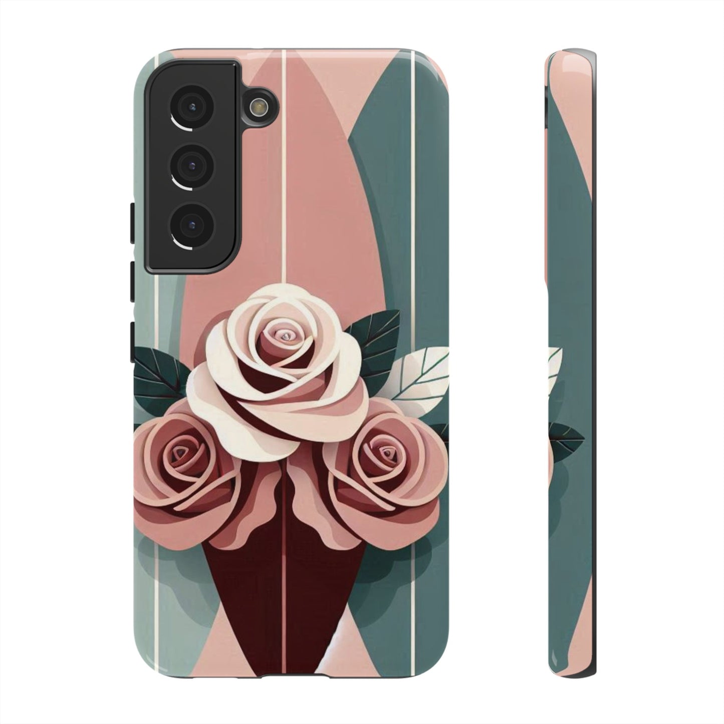 Phone Case - Burgundy, Matte Mauve & Teal Surfboard & Roses Design