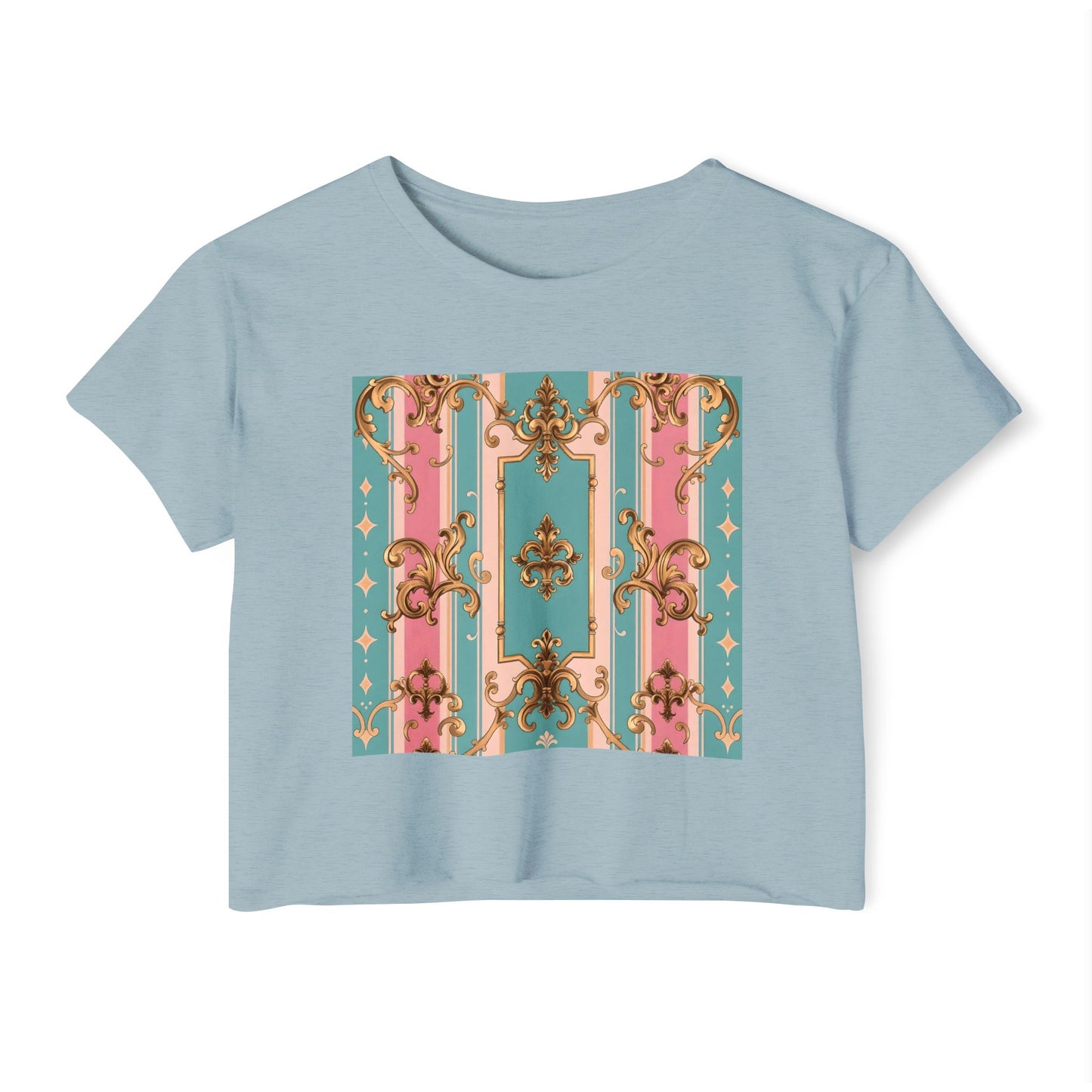 Rococo Festival Crop Top, Summer Crop Tee, Music Festival Clothing, Trendy Women's Fashion - Pink & Matte Turquoise Striped Rococo