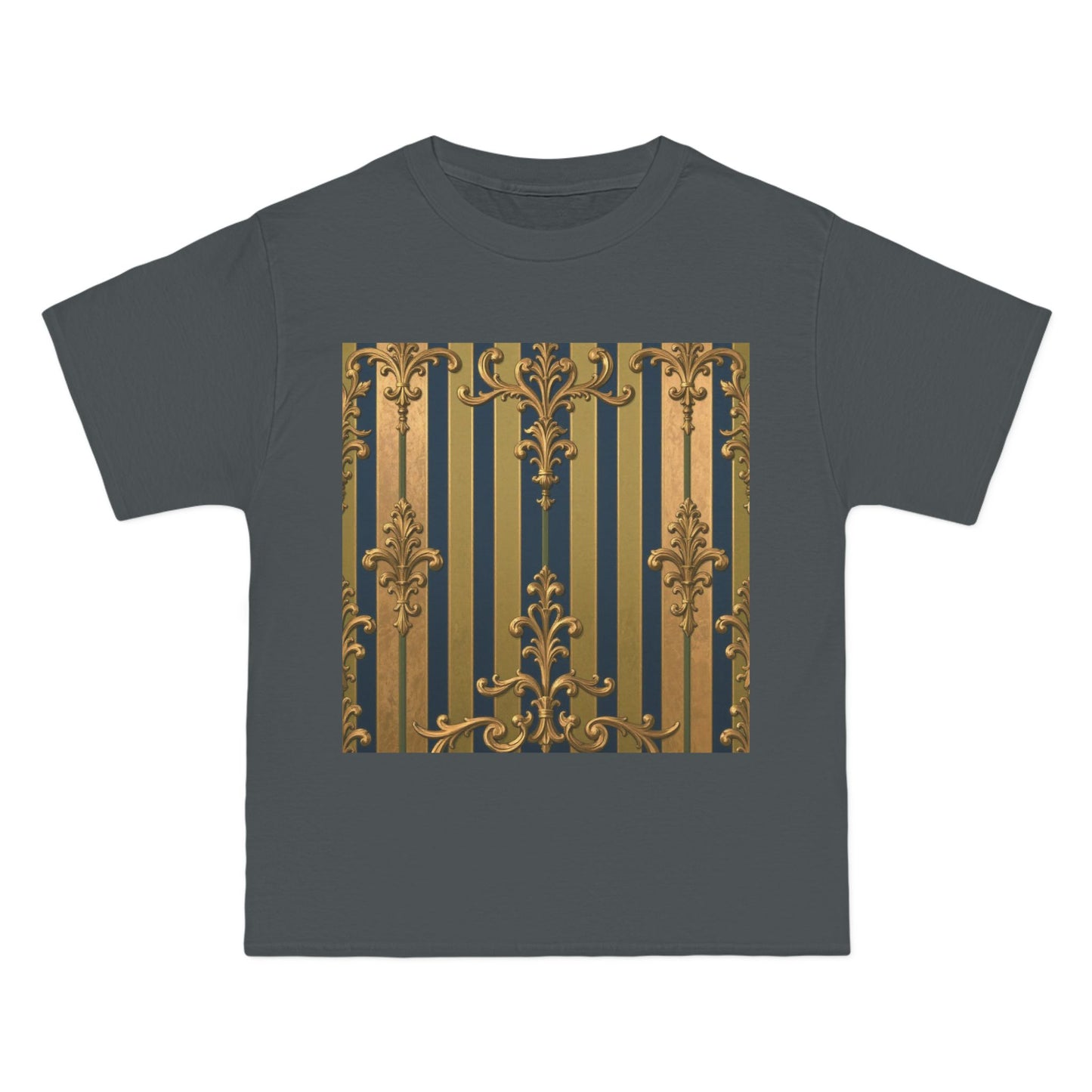 Elegant Midnight Blue & Olive Striped Gold Baroque Short-Sleeve Unisex T-Shirt, Vintage Fashion Tee, Casual Summer Top