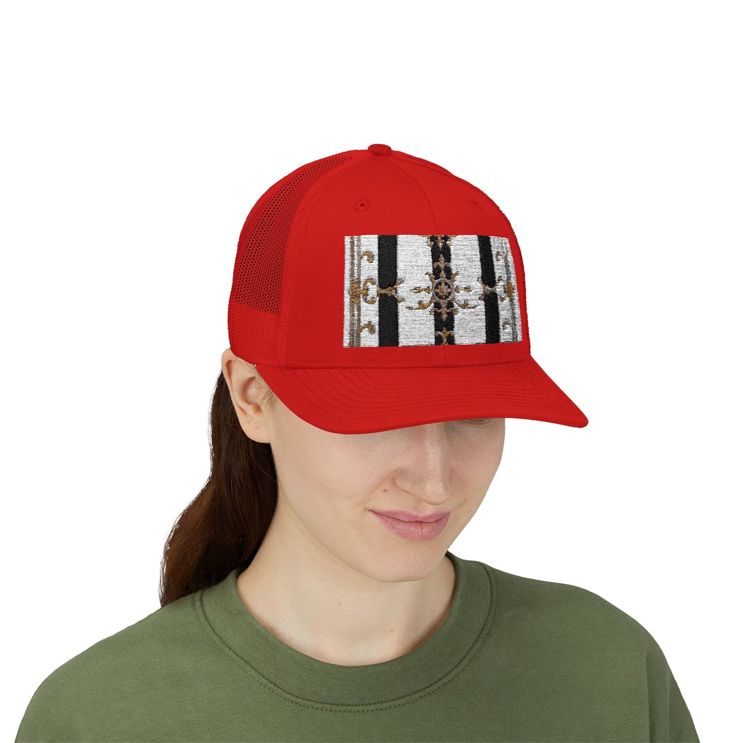 Trendy Snapback Trucker Cap, Casual Fashion Hat, Summer Accessory, Gift Idea for Cool Teens, Outdoor Activities - Black & White Striped Gold Baroque