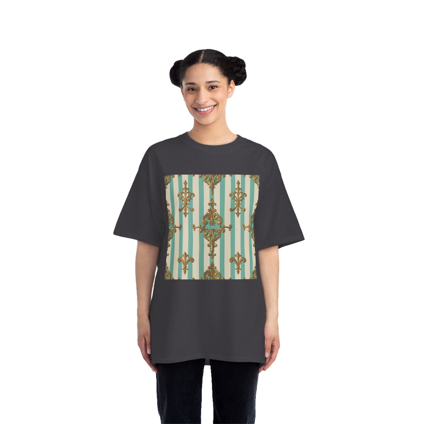 Elegant Patterned Short-Sleeve T-Shirt, Fashion Tee, Casual Wear, Gift for Her, Summer Style, Unique Design - Matte Green Striped Rococo