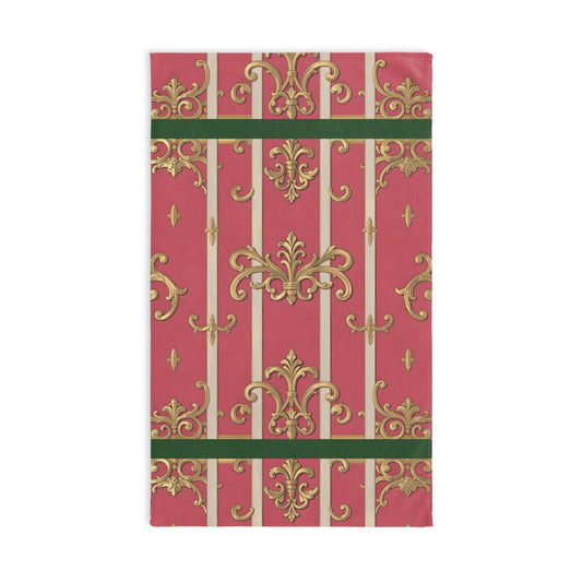 Elegant Green Border Pink Striped Baroque Hand Towel, Decorative Kitchen Linen, Bath Towel Gift, Vintage Home Decor, Luxe Bathroom Accessory