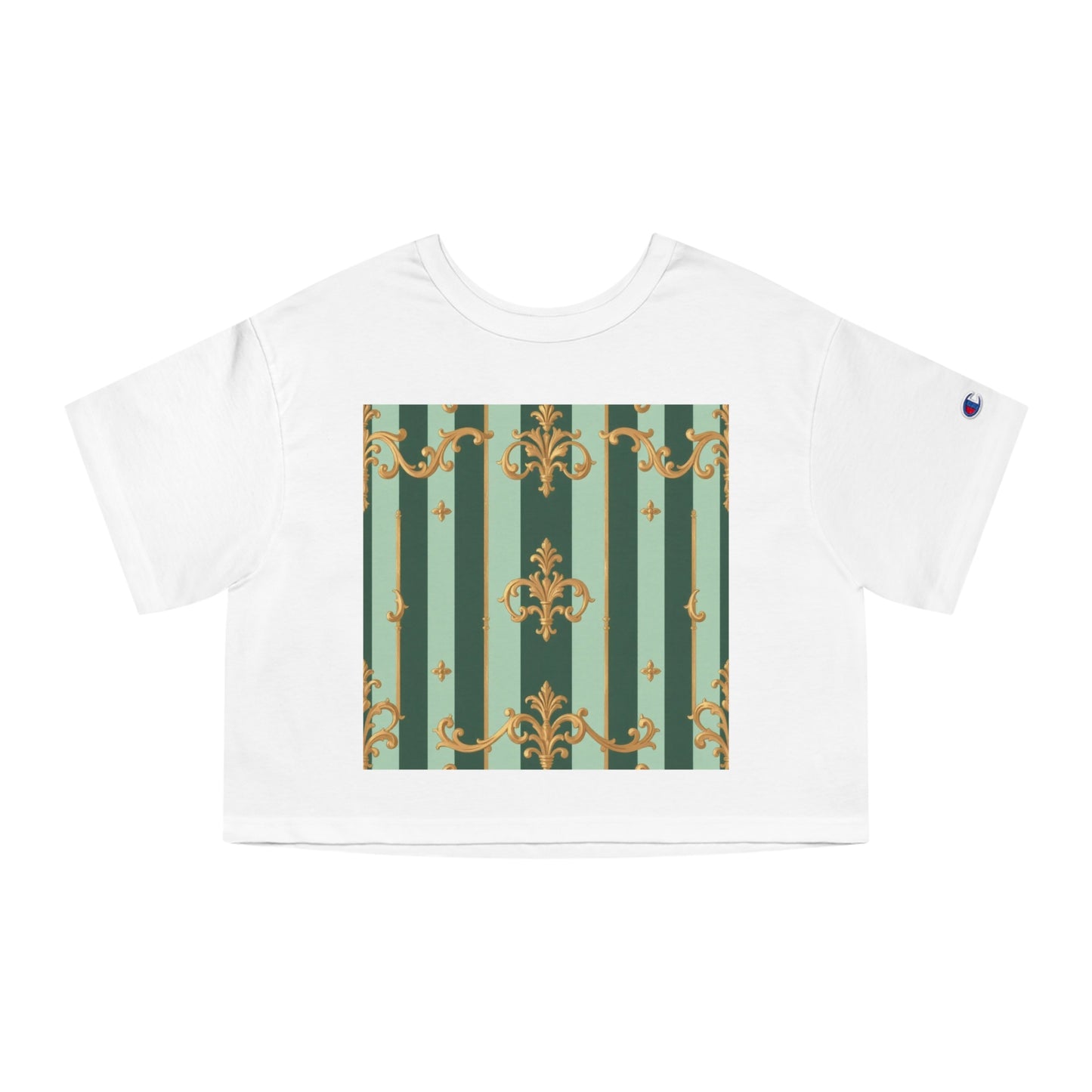 Stylish Cropped T-Shirt with Elegant Pattern, Casual Wear, Perfect for Summer Outings - Mint Green & Teal Striped Gold Baroque