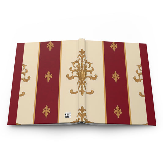 Elegant Floral Motif Hardcover Journal - Stylish Writing Notebook - Dusk Red Striped Gold Damask