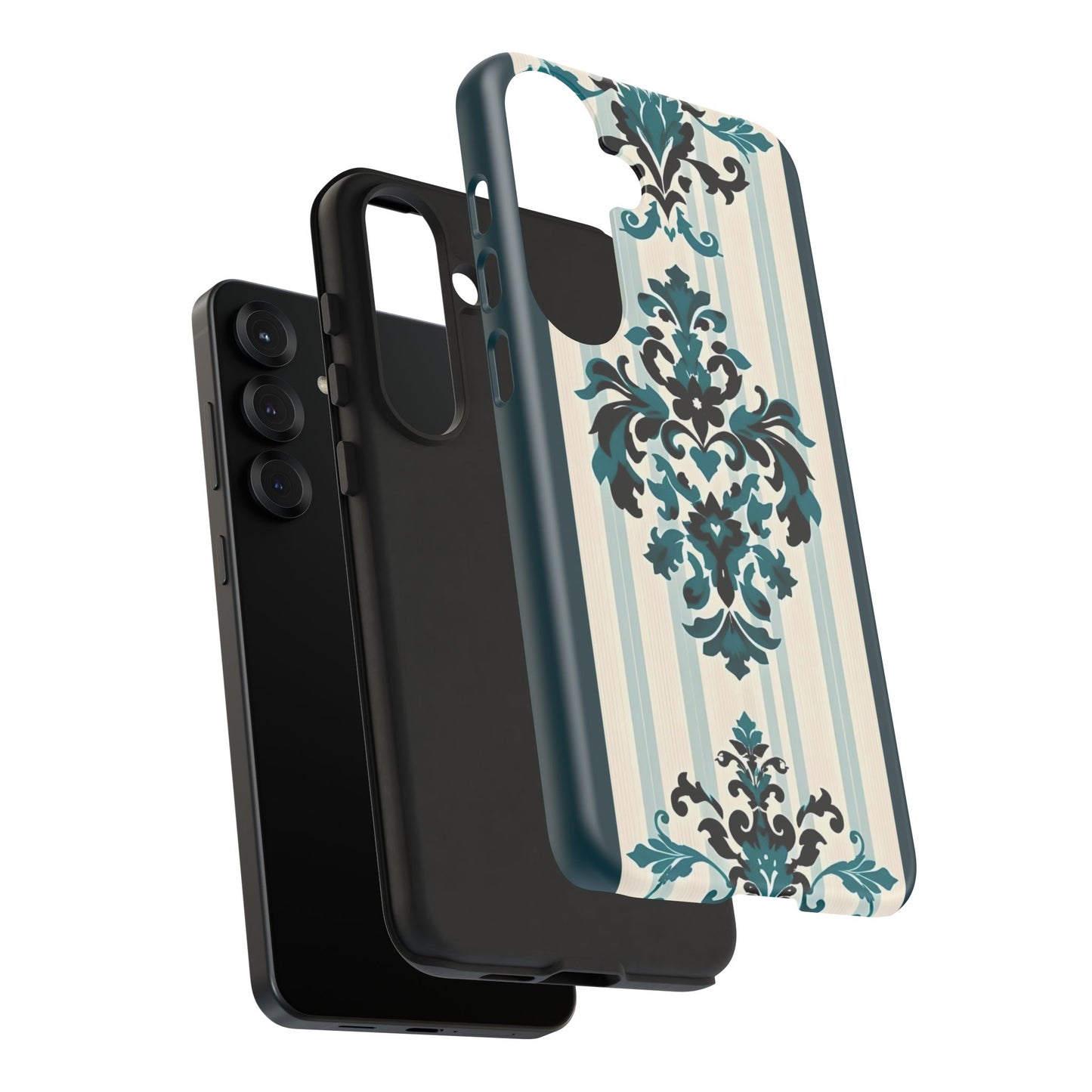 Elegant Floral Phone Case - Tough Cases with Vintage Design - Teal Striped Damask