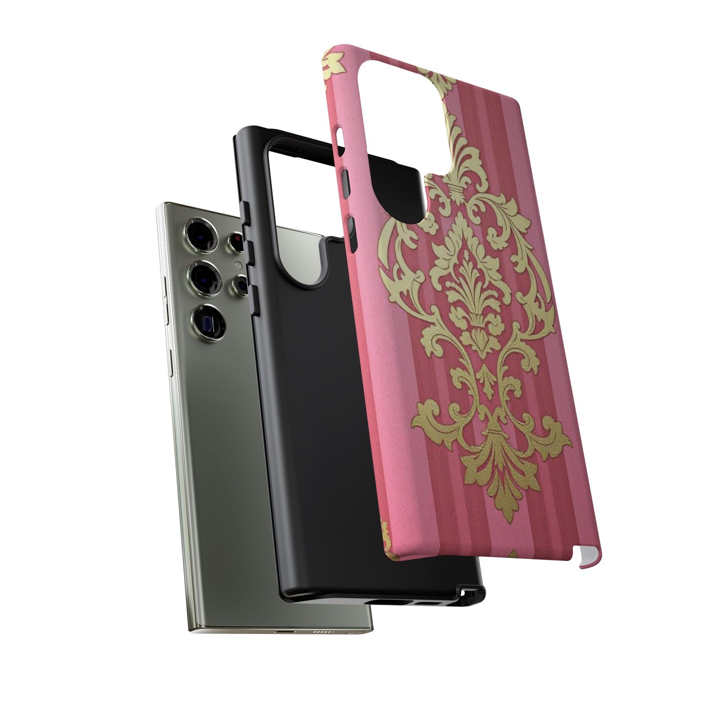 Elegant Floral Motif Phone Case - Tough Cases with Vintage Design - Pink Striped Damask