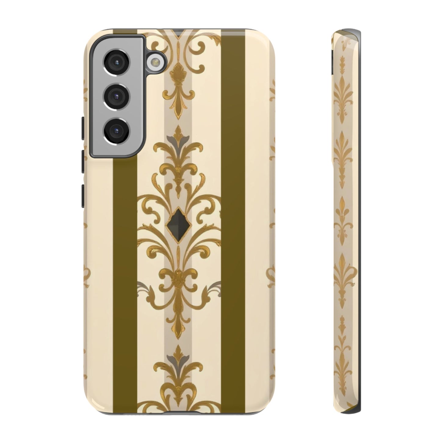 Elegant Floral Motif Phone Case - Tough Cases with Vintage Design - Olive Striped Gold Damask