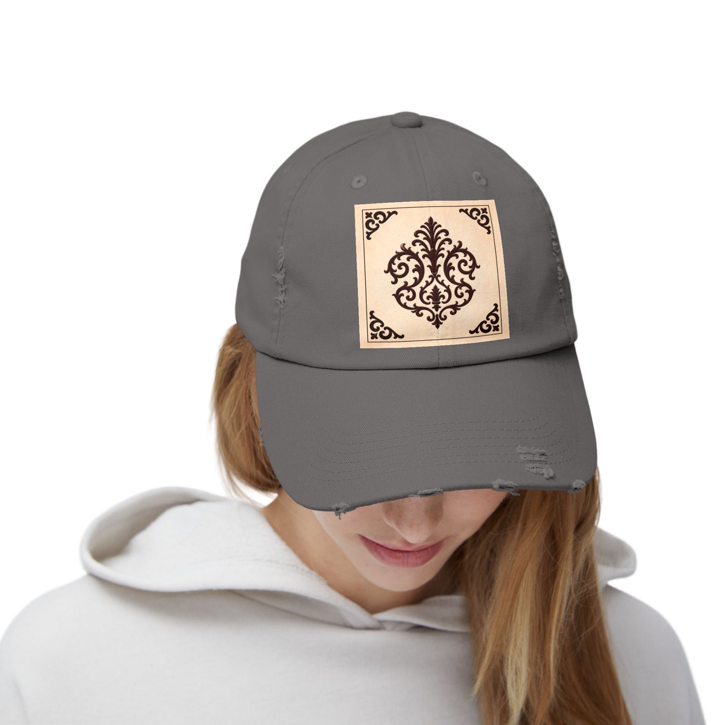Almond-Beige & Brown Baroque Distressed Cap with Vintage Baroque Patch