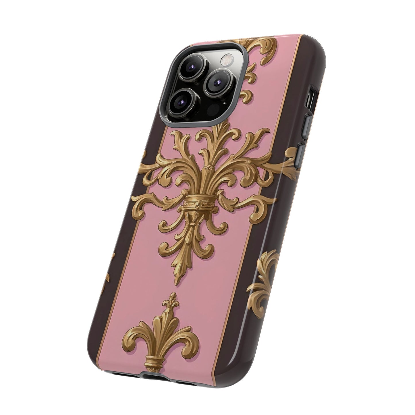 Elegant Floral Motif Phone Case - Tough Cases with Vintage Design - Pink & Brown Striped Gold Damask