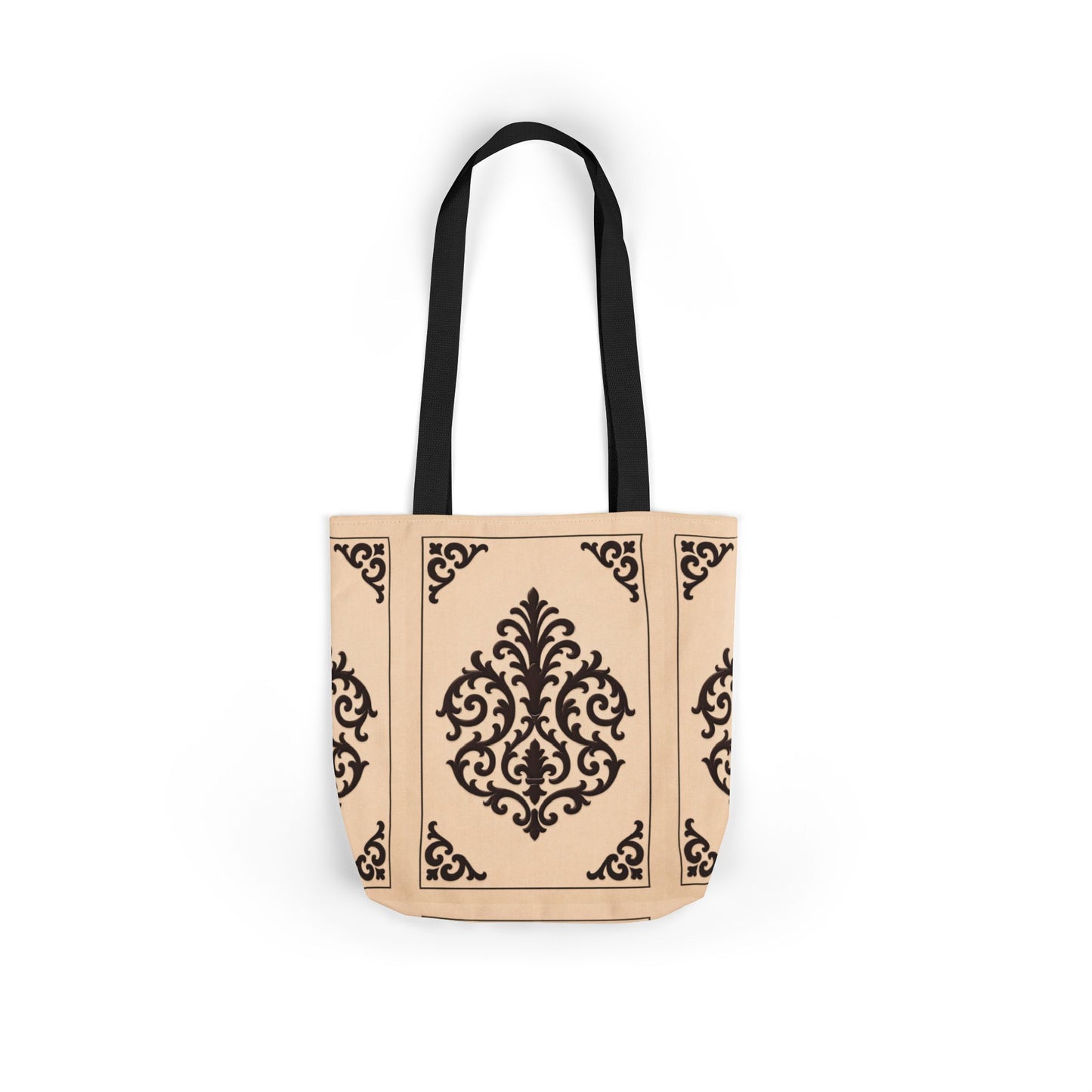 Almond-Beige & Brown Baroque Canvas Tote Bag — Elegant Vintage Pattern Beach & Market Bag