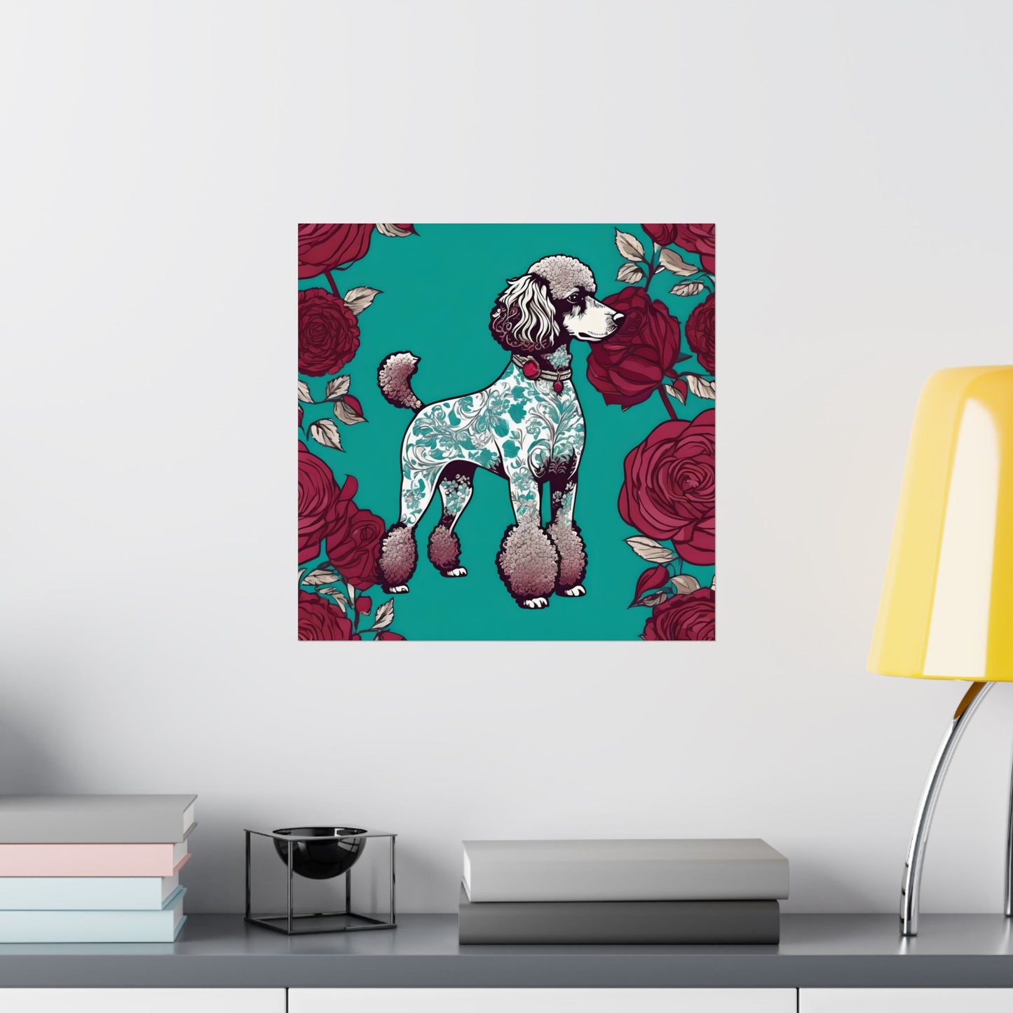 Vertical Poster - Elegant Matte Floral Art Wall Decor - Damask Aqua & White Poodle With Burgundy Roses