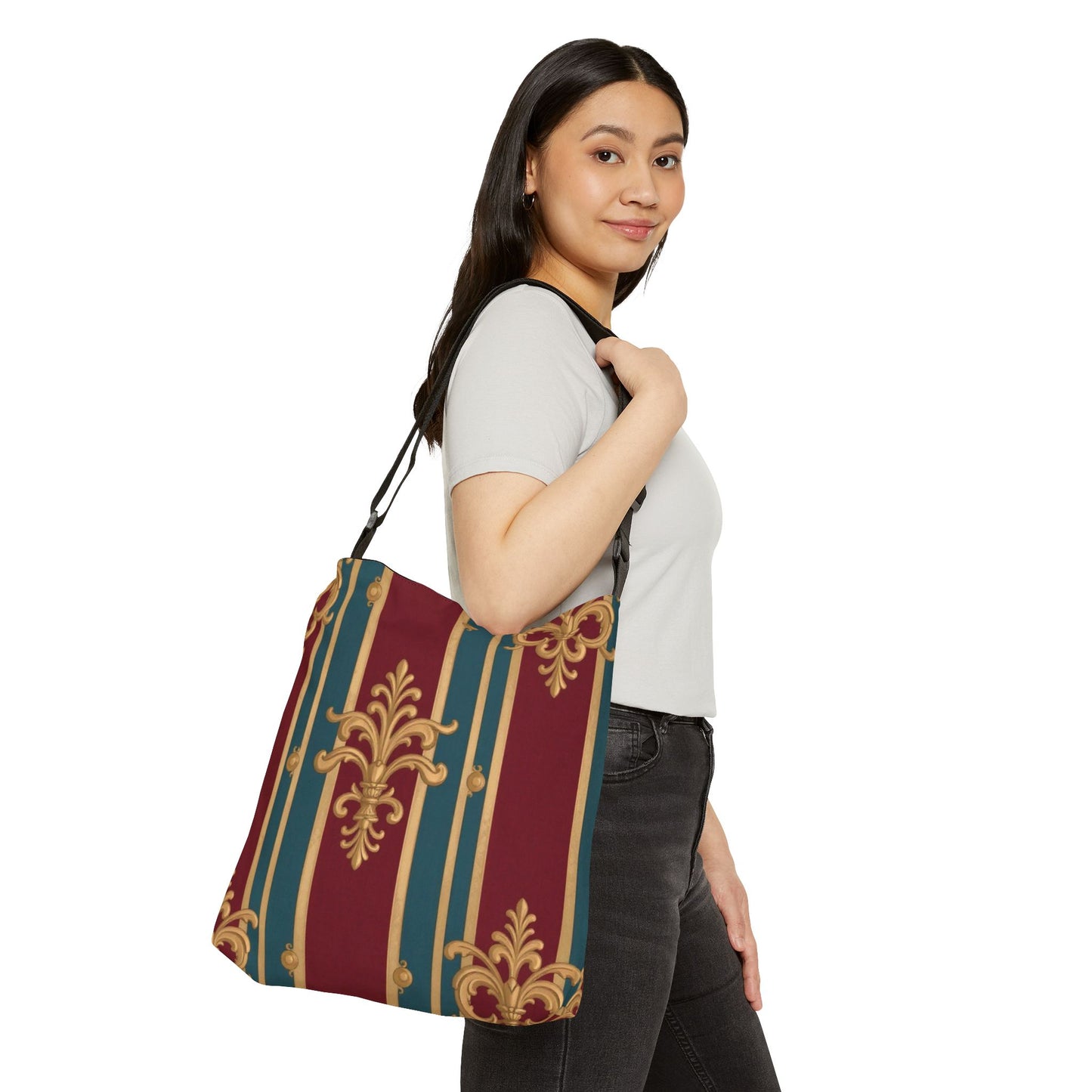 Elegant Pattern Adjustable Tote Bag, Stylish Shoulder Bag, Unique Gift, Fashion Accessory, Everyday Use - Burgundy Striped Gold Baroque