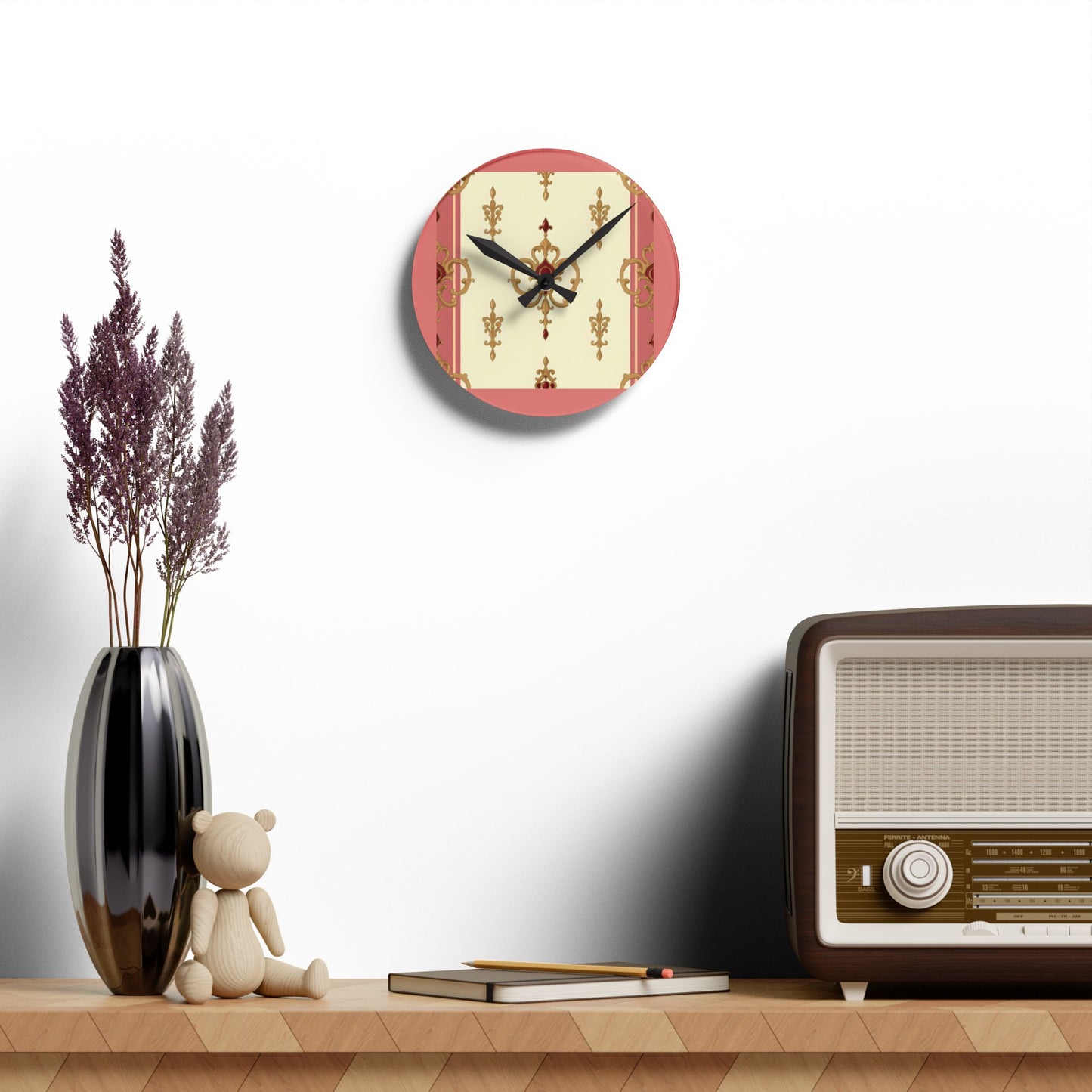 Bohemian Damask-Inspired Acrylic Wall Clock with Floral Design -  Mauve & Gold Design