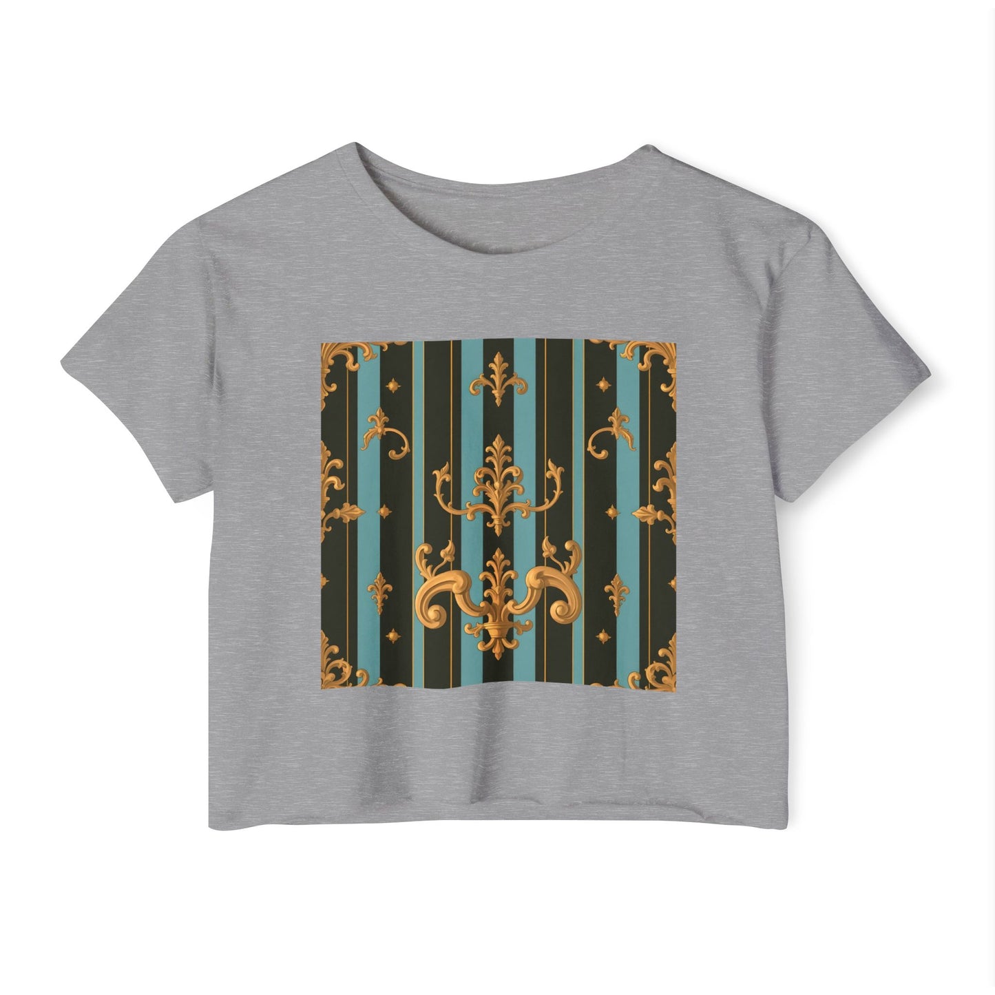 Boho Festival Crop Top, Trendy Summer Top, Stylish Women’s Crop Tee, Perfect for Music Festivals, Casual Wear - Black & Turquoise Striped Baroque