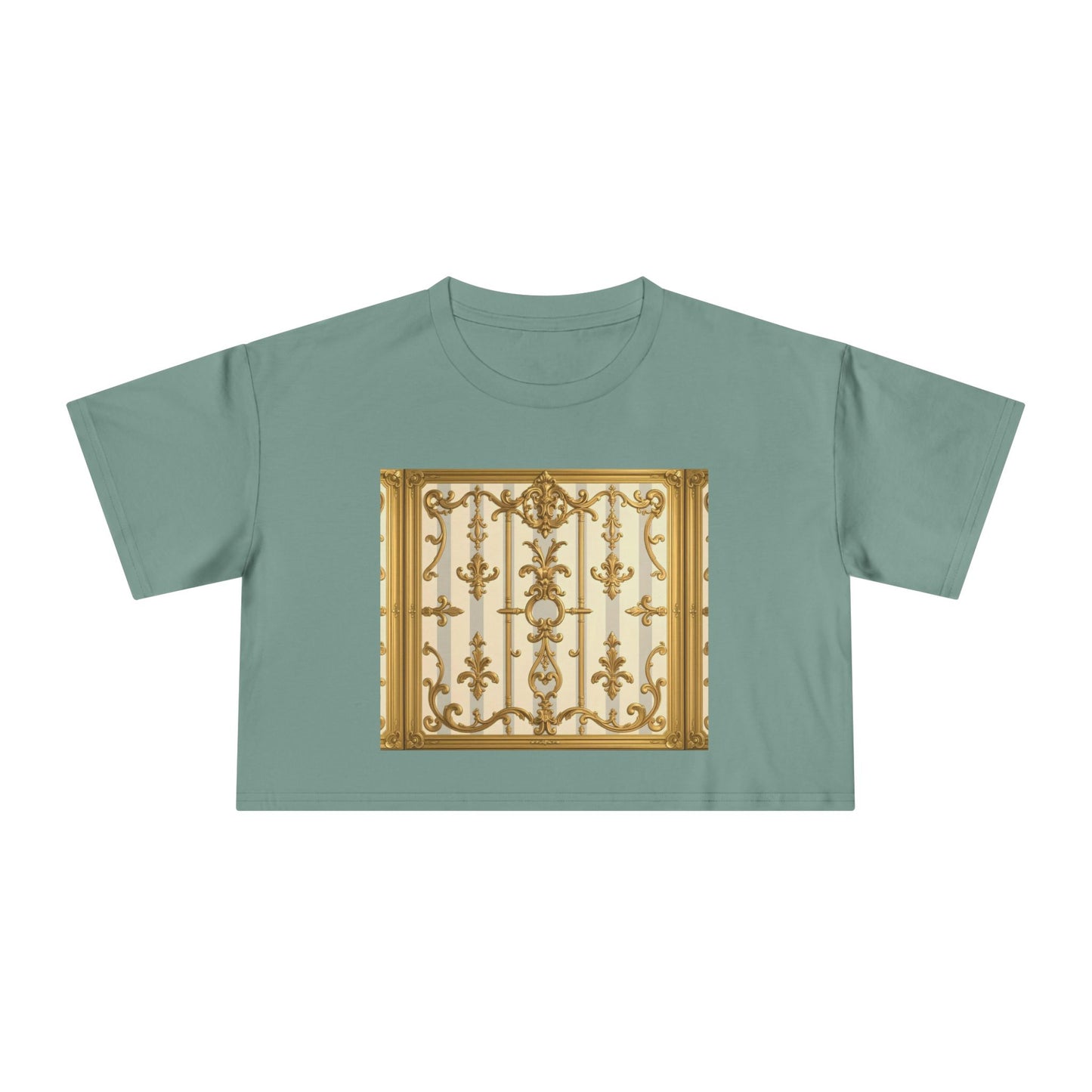 Elegant Vintage Women's Crop Tee, Stylish Oversized Top, Casual Summer Shirt, Trendy Women's Apparel - Matte Gray & Cream Striped Gold Baroque