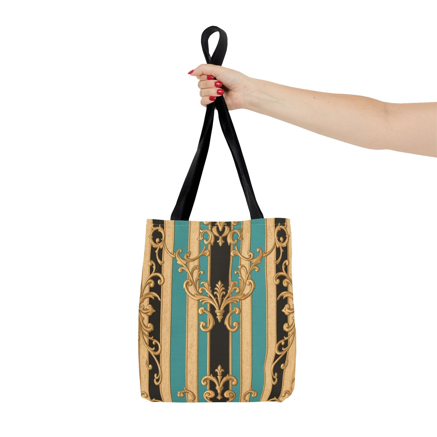 Elegant Black, Tan & Ocean Green Striped Gold Baroque Vintage Pattern Tote Bag, Stylish Carryall, Fashionable Handbag, Perfect Gift for Mother’s Day