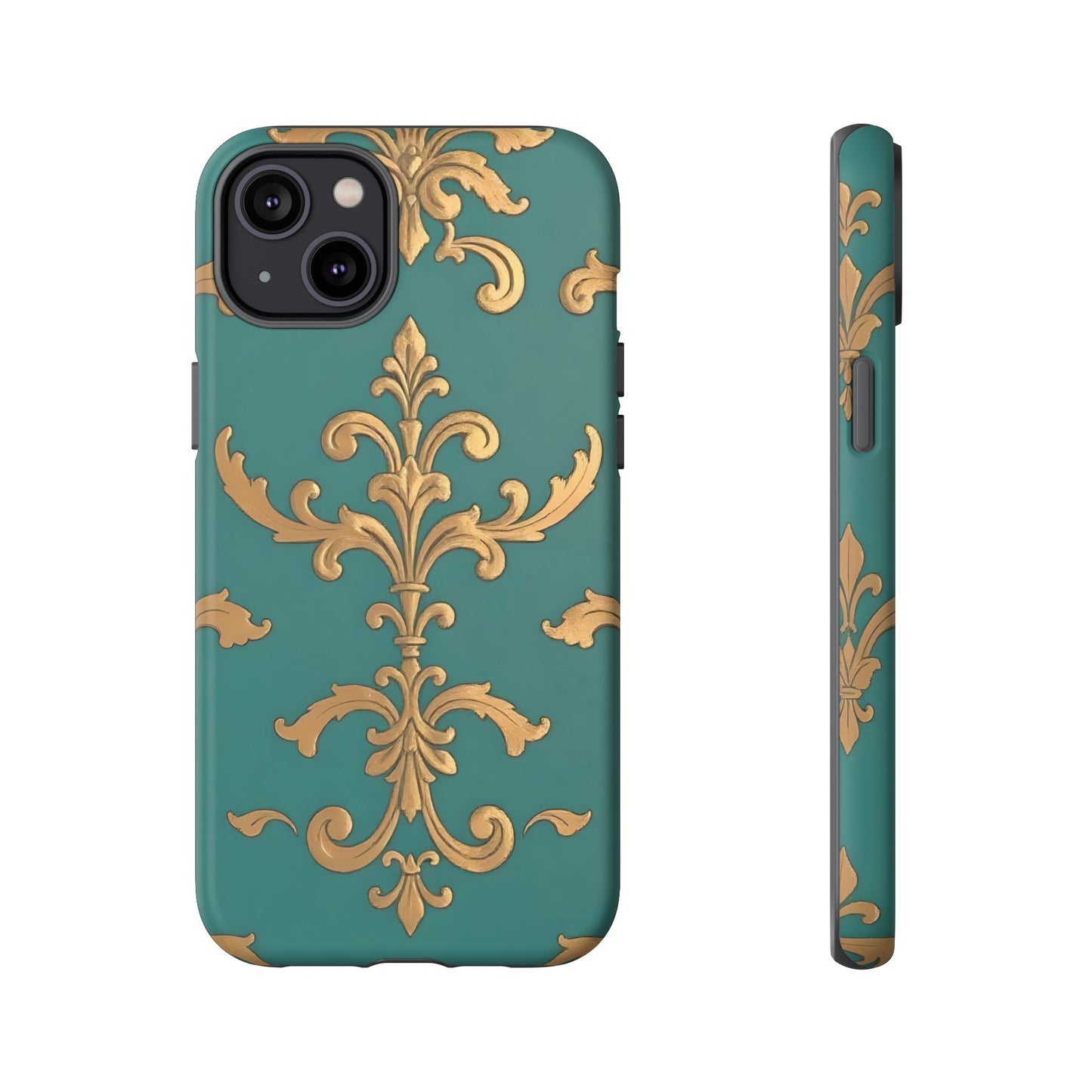 Elegant Floral Motif Phone Case - Tough Cases with Vintage Design - Aqua & Gold Damask
