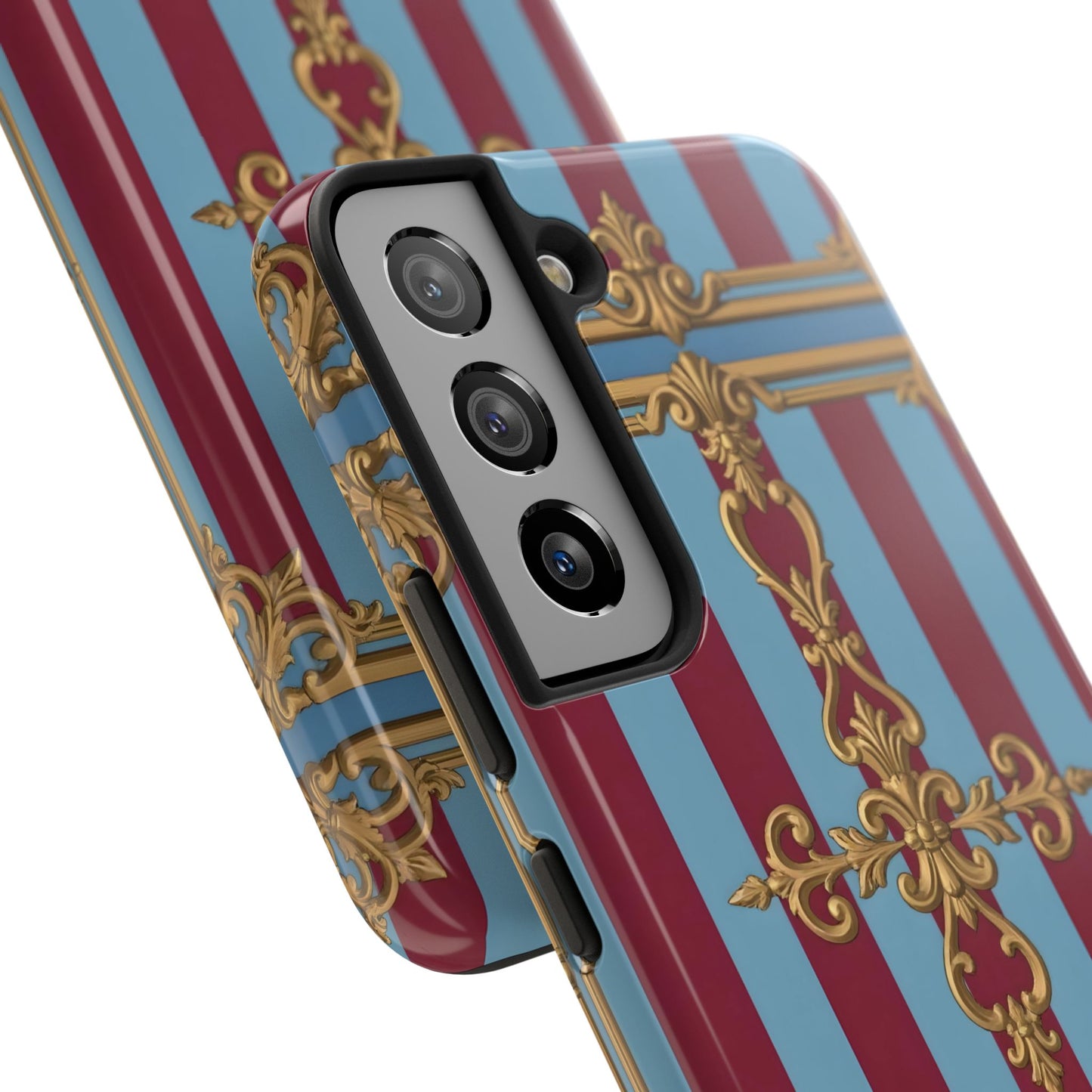Elegant Patterned Tough Phone Cases, Stylish Phone Cover, Durable Phone Protection, Unique Gift Idea - Sky Blue & Maroon Striped Baroque