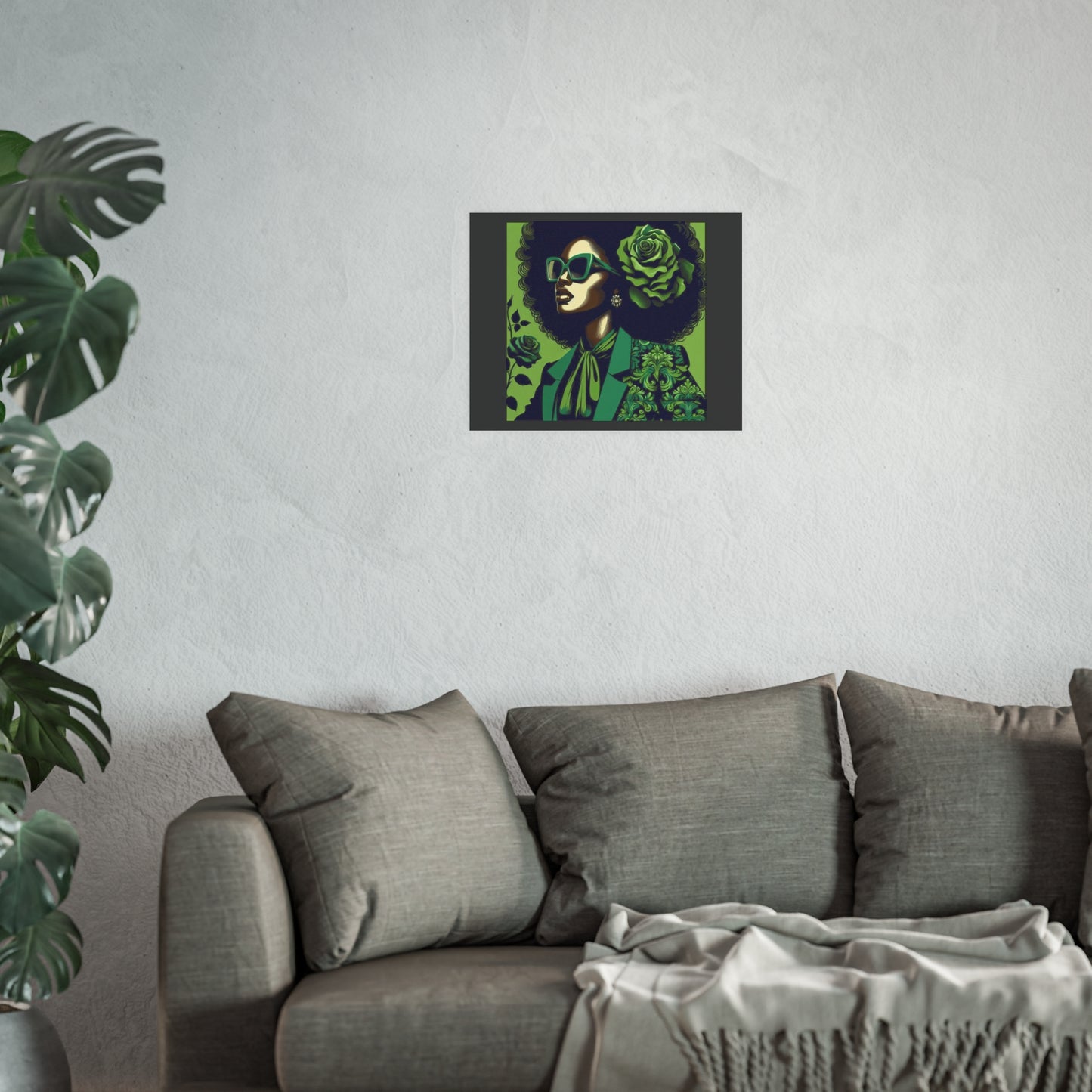 Chic Afrocentric Art Poster, Vibrant Wall Décor, Stylish Home Decoration, Damask Chic Art Print - Lady In Green Damask