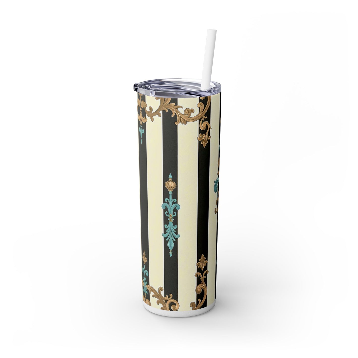 Elegant Stripe Skinny Tumbler | 20oz | Ideal Gift for Home, Office, Travel, Party, or Everyday Use - Black Striped Turquoise & Black Rococo