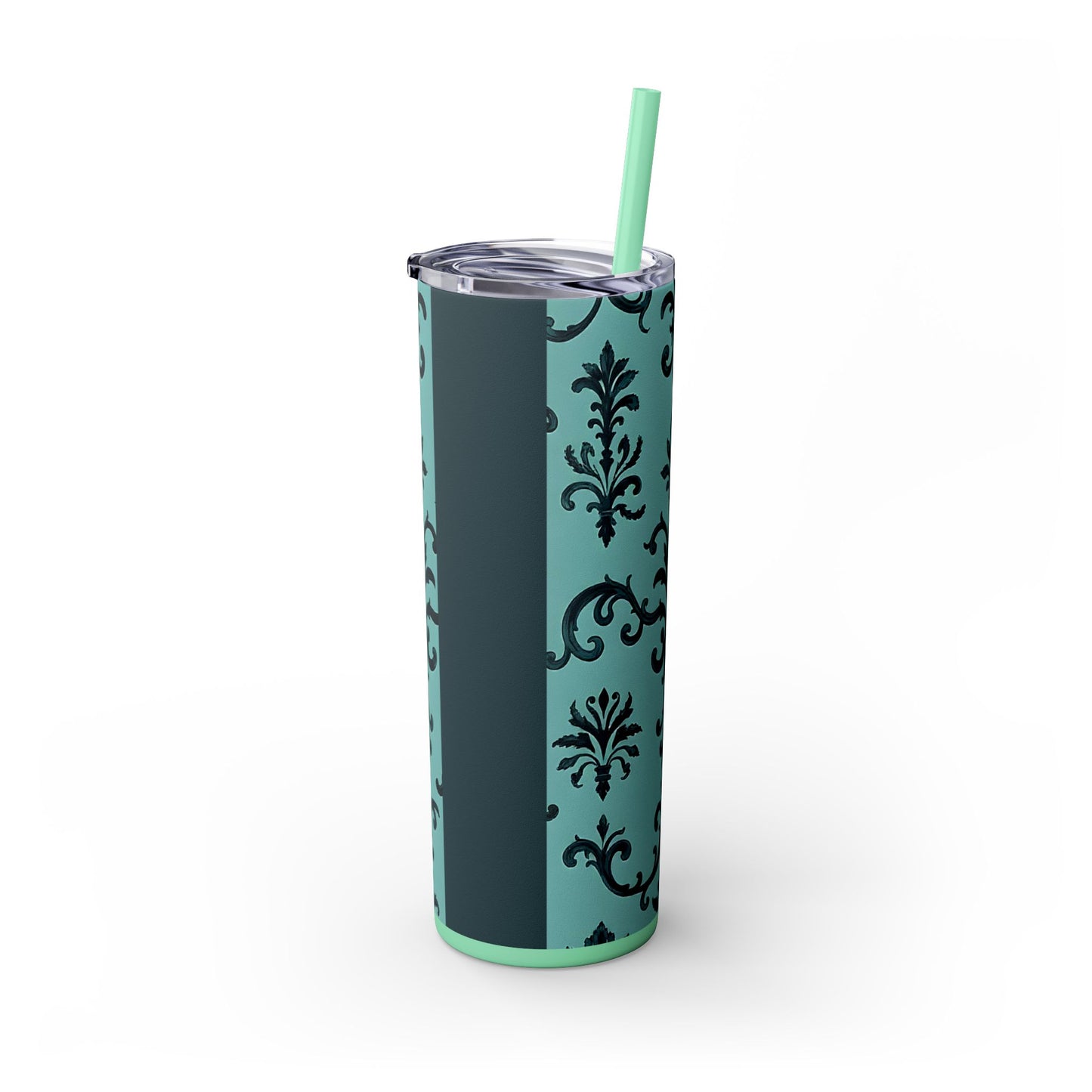 Elegant Floral Skinny Tumbler with Straw, 20oz, Personalized Drinkware, Stylish Travel Mug, Great Gift for Her - Teal Striped Rococo