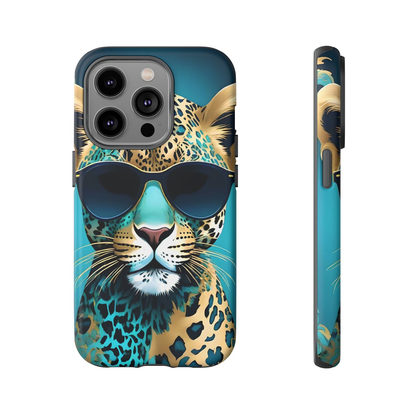 Phone Case - Aqua & Gold Leopard In Sunglasses Design