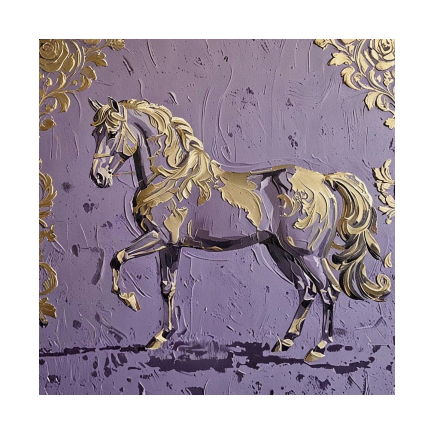Floral Motif Art Poster - Elegant Matte Vertical Wall Decor - Lavender & Gold Damask Horse