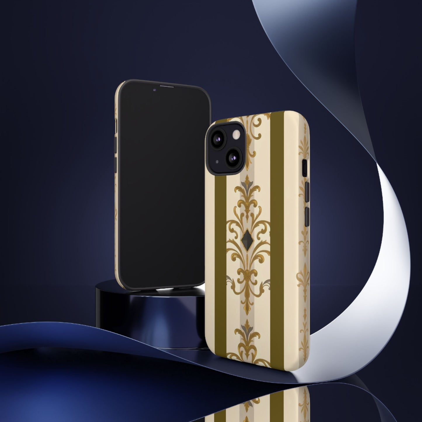 Elegant Floral Motif Phone Case - Tough Cases with Vintage Design - Olive Striped Gold Damask